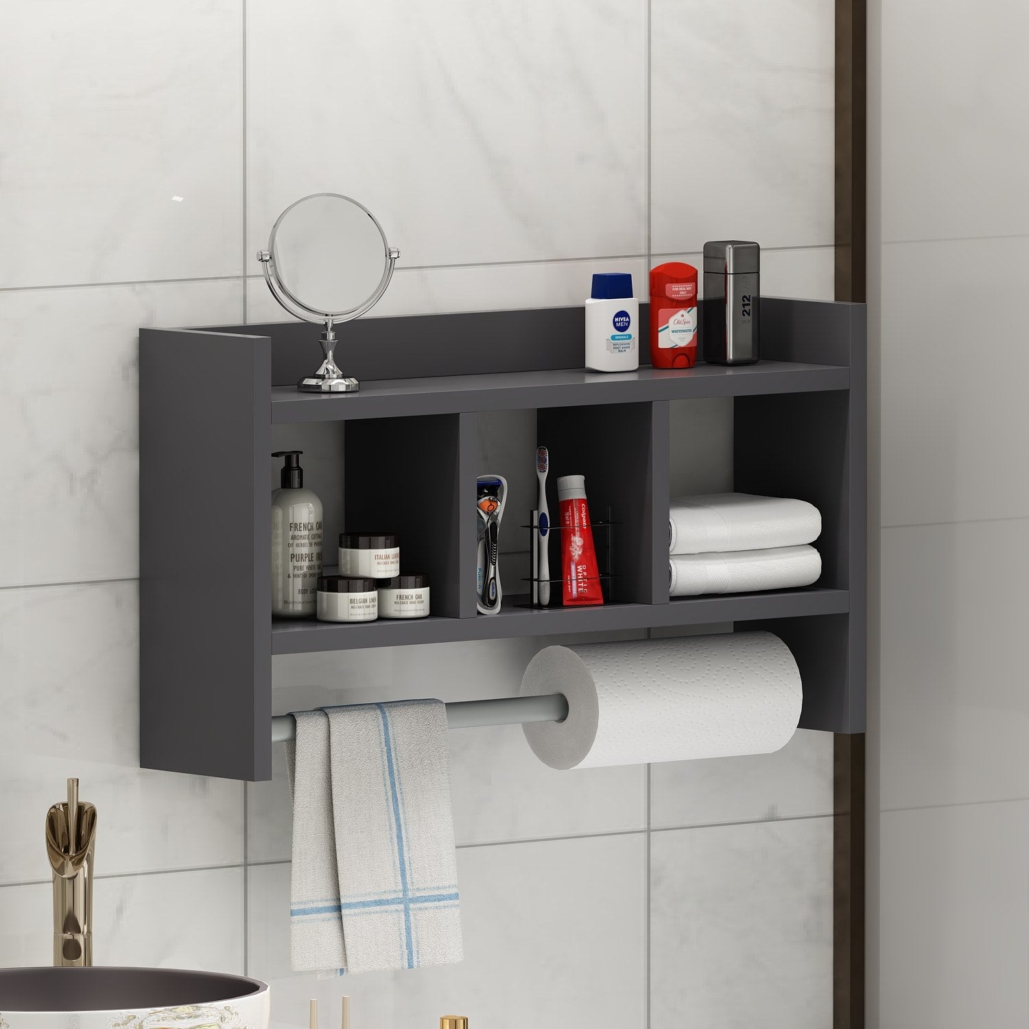 Prateleira de parede – 63,6 cm x 35 cm x 14,6 cm – Antracite – Painel de partículas revestido a melamina