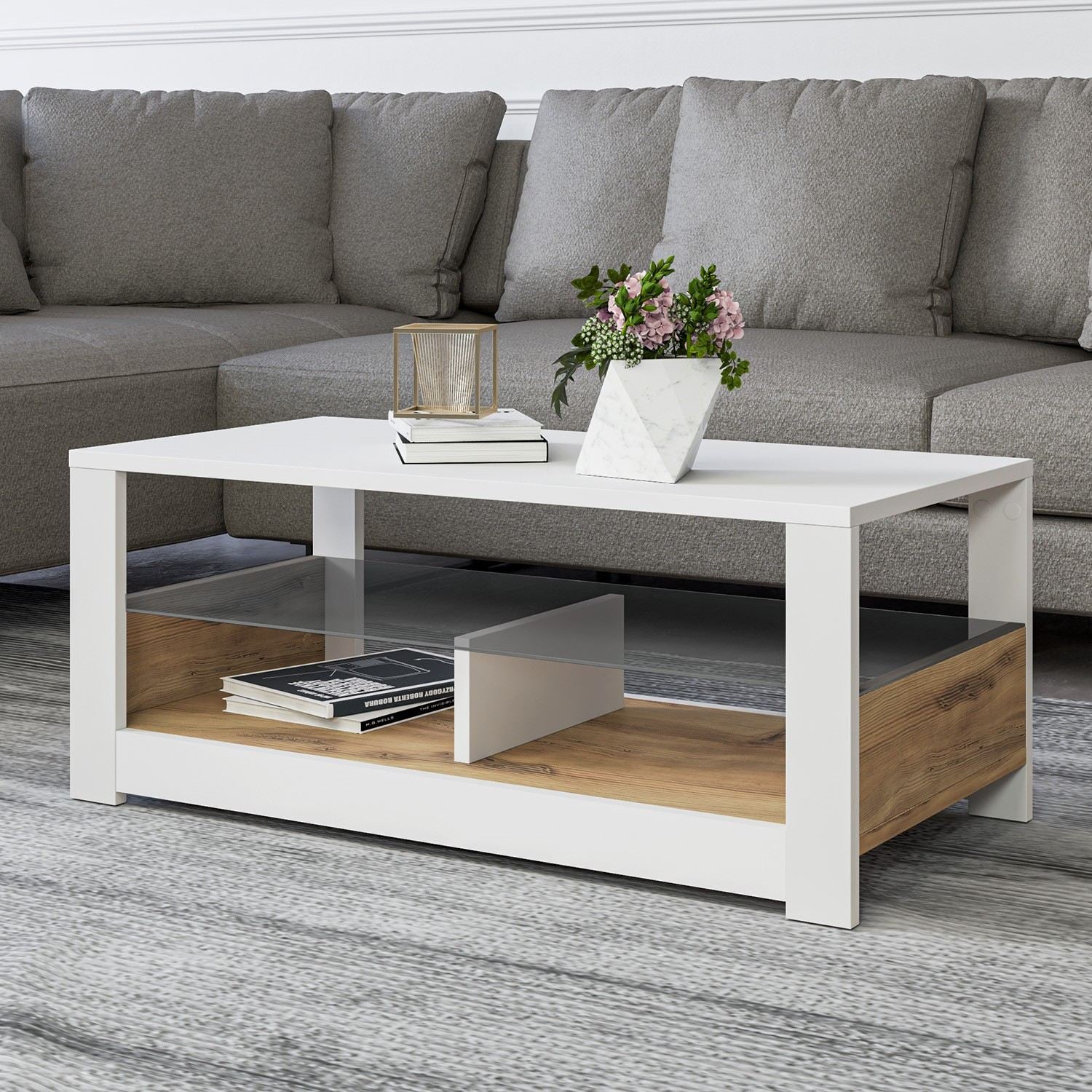 Mesa de Centro – 90cm x 37cm x 45cm – Branco e Carvalho – Painéis de Partículas revestidos a Melamina