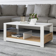 Mesa de Centro – 90cm x 37cm x 45cm – Branco e Carvalho – Painéis de Partículas revestidos a Melamina