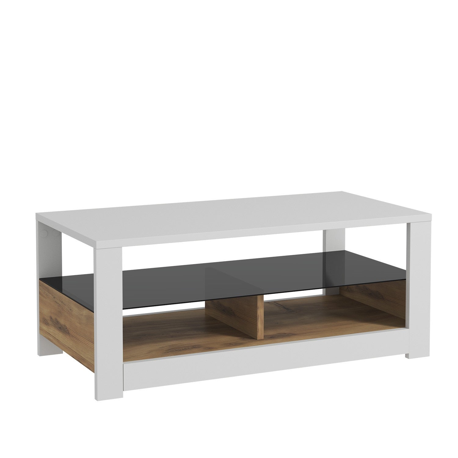 Mesa de Centro – 90cm x 37cm x 45cm – Branco e Carvalho – Painéis de Partículas revestidos a Melamina