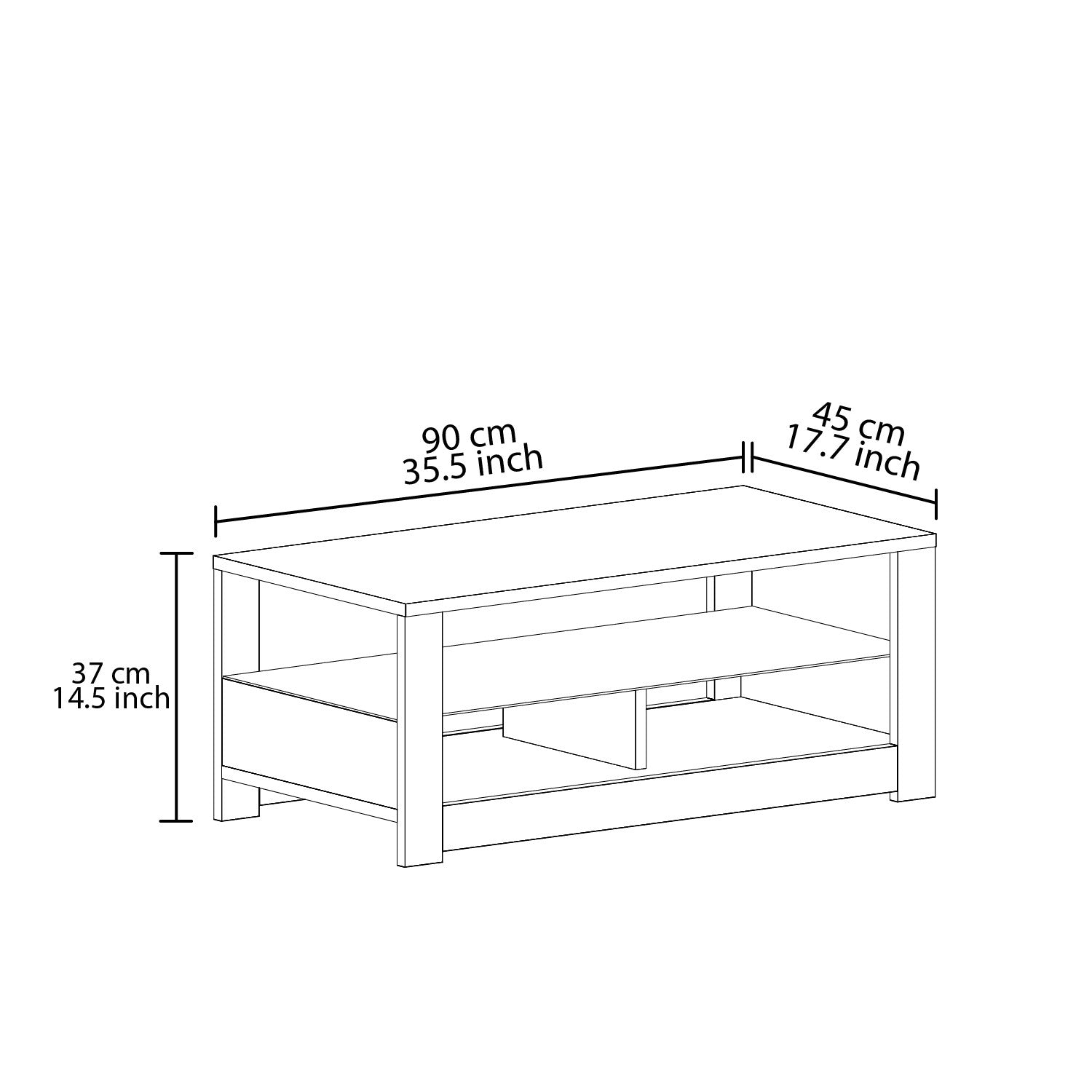 Mesa de Centro – 90cm x 37cm x 45cm – Branco e Carvalho – Painéis de Partículas revestidos a Melamina
