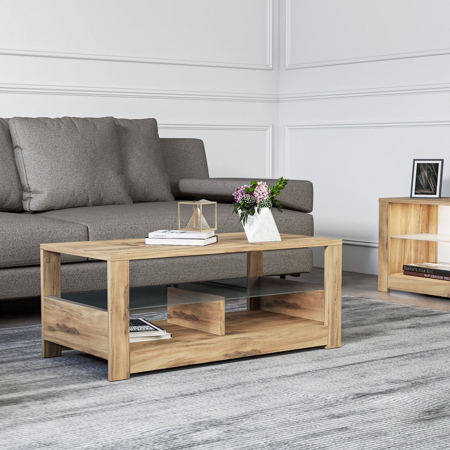 Mesa de Centro – 90cm x 37cm x 45cm – Carvalho – Painéis de partículas revestidos a melamina