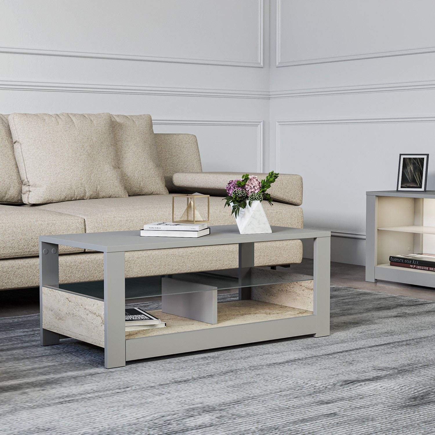 Mesa de Centro – 90 cm x 37 cm x 45 cm – Cinzento e Travertino – Painéis de Partículas