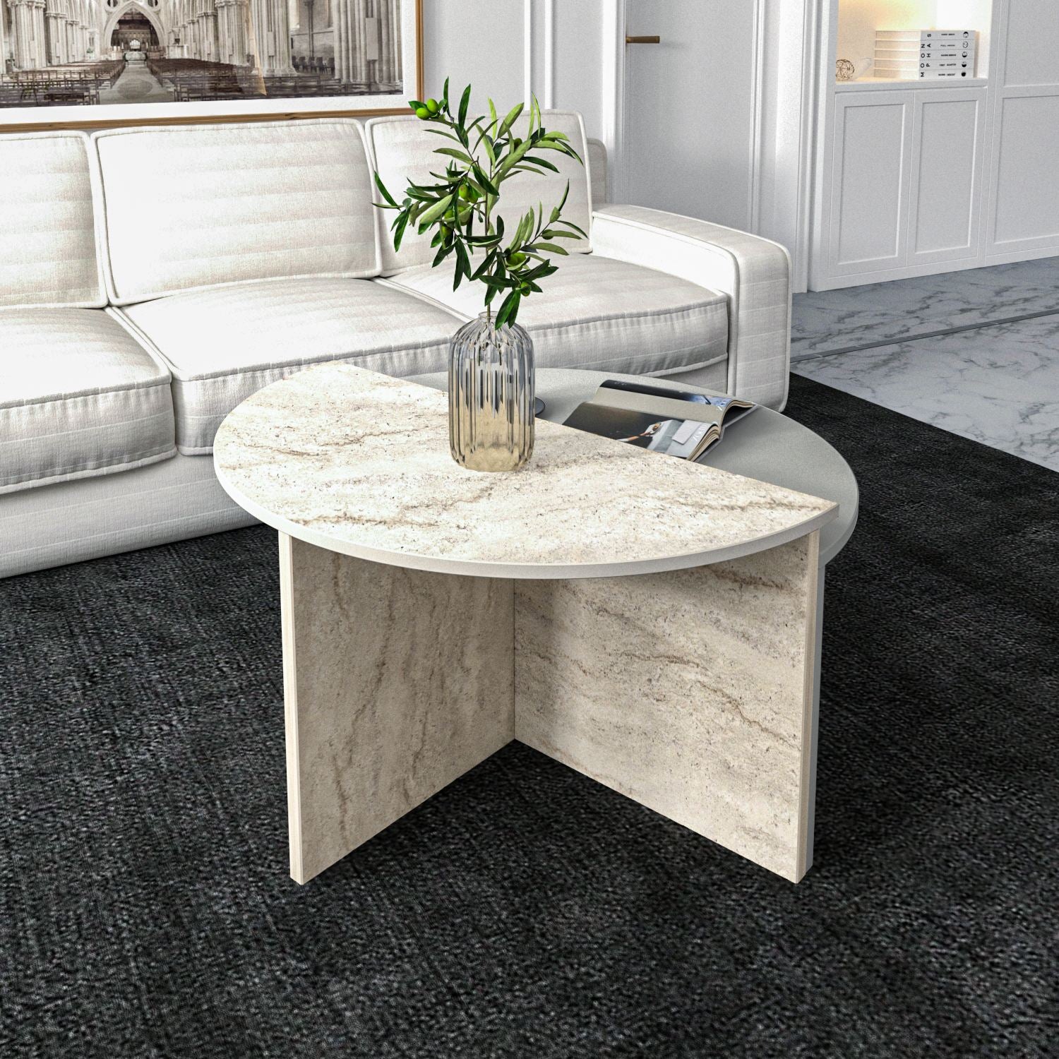 Mesa de Centro – 70 cm x 51,8 cm x 38 cm – Cinza e Travertino – Madeira Aglomerada