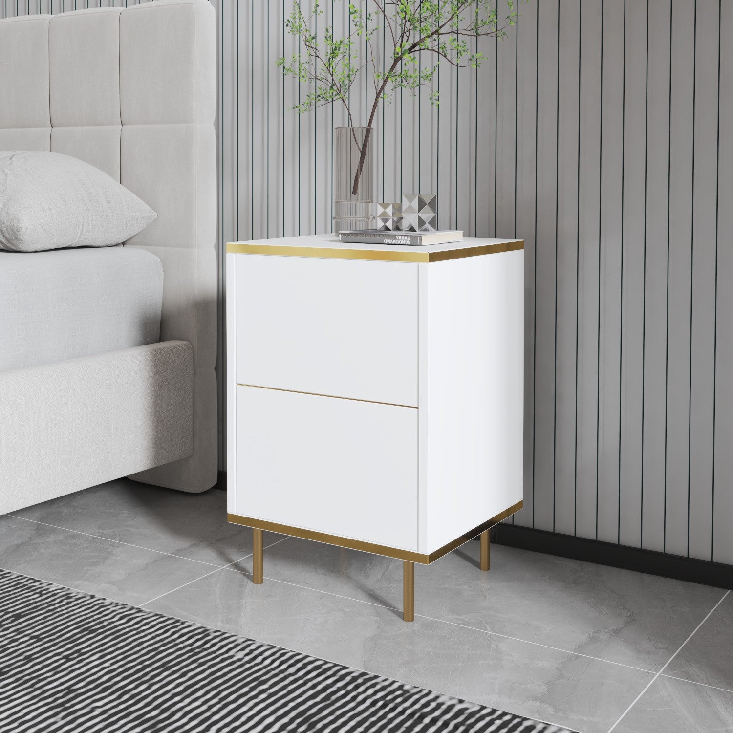 Mesa de Cabeceira – 40 x 60 x 35 cm – Branco e Dourado – Painel de Partículas