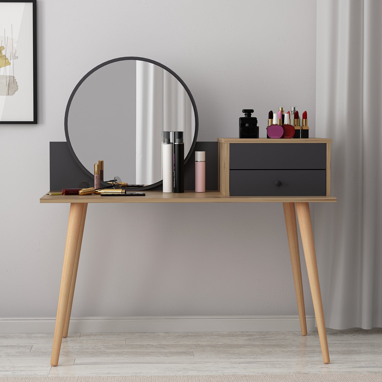 Toucador – 120 cm x 96 cm x 60 cm – Antracite e Nogueira – Painel de Partículas