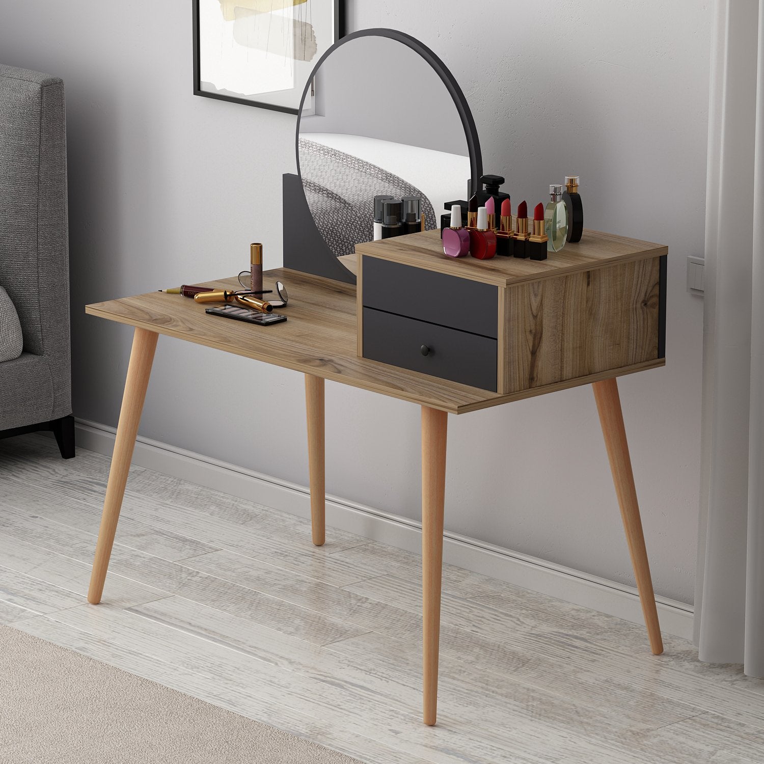Toucador – 120 cm x 96 cm x 60 cm – Antracite e Nogueira – Painel de Partículas