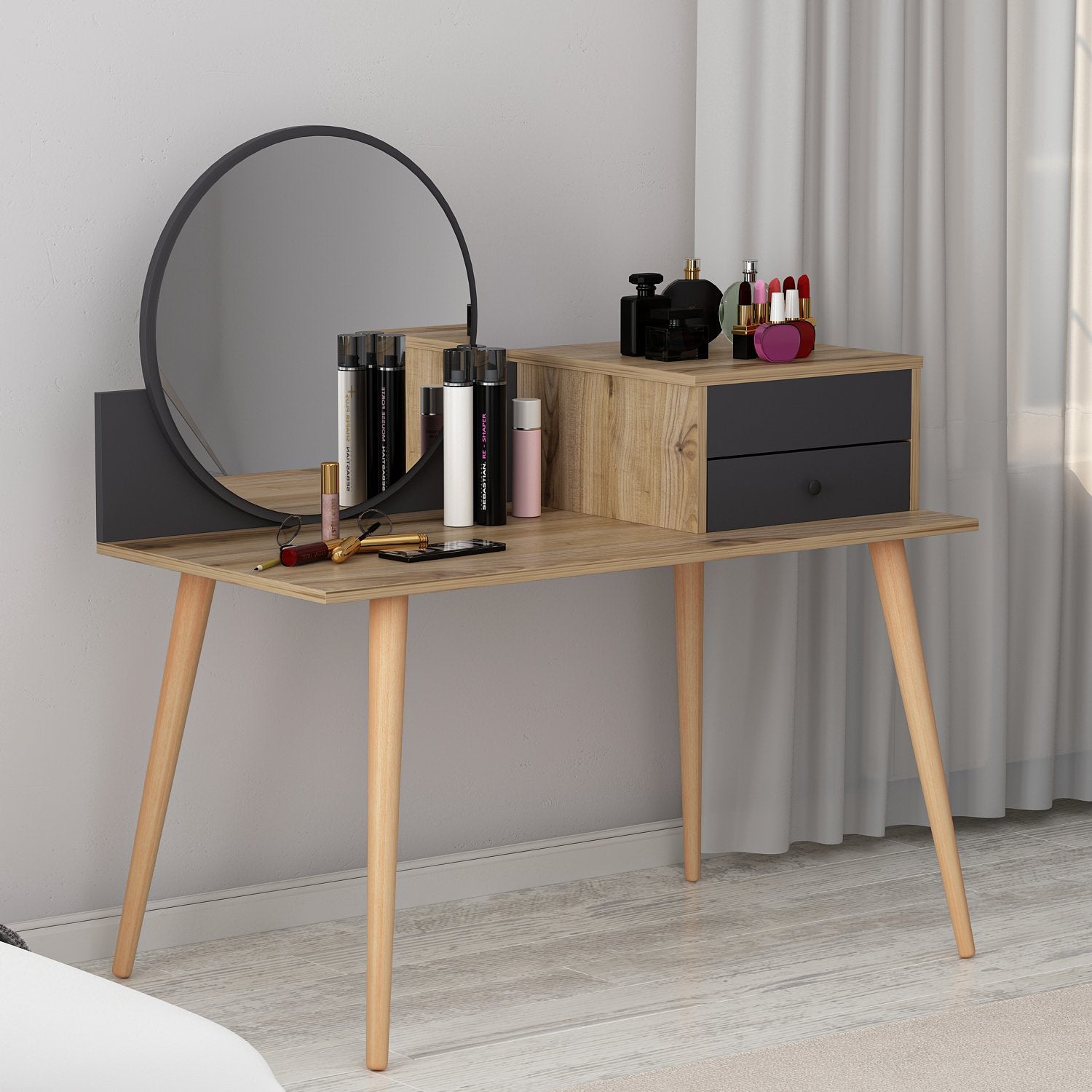 Toucador – 120 cm x 96 cm x 60 cm – Antracite e Nogueira – Painel de Partículas