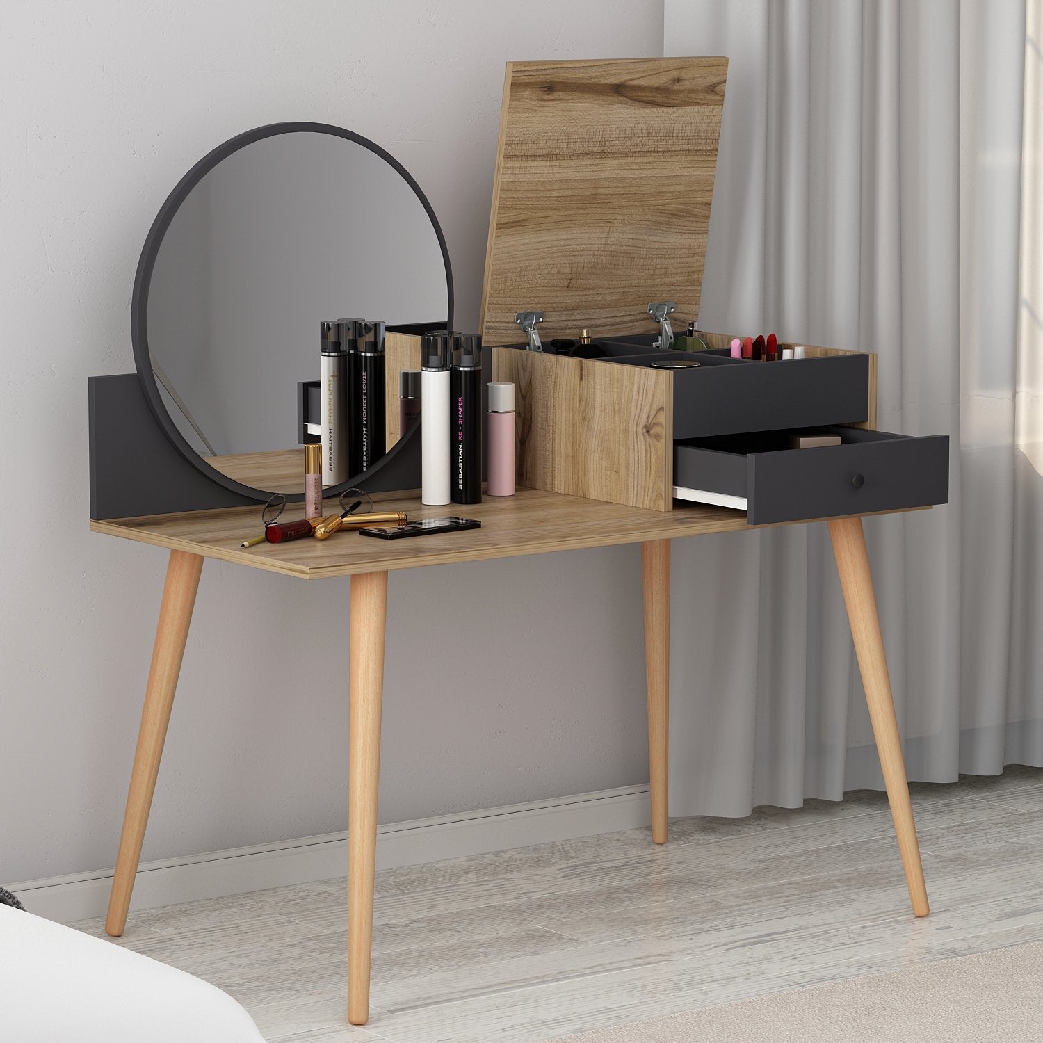 Toucador – 120 cm x 96 cm x 60 cm – Antracite e Nogueira – Painel de Partículas