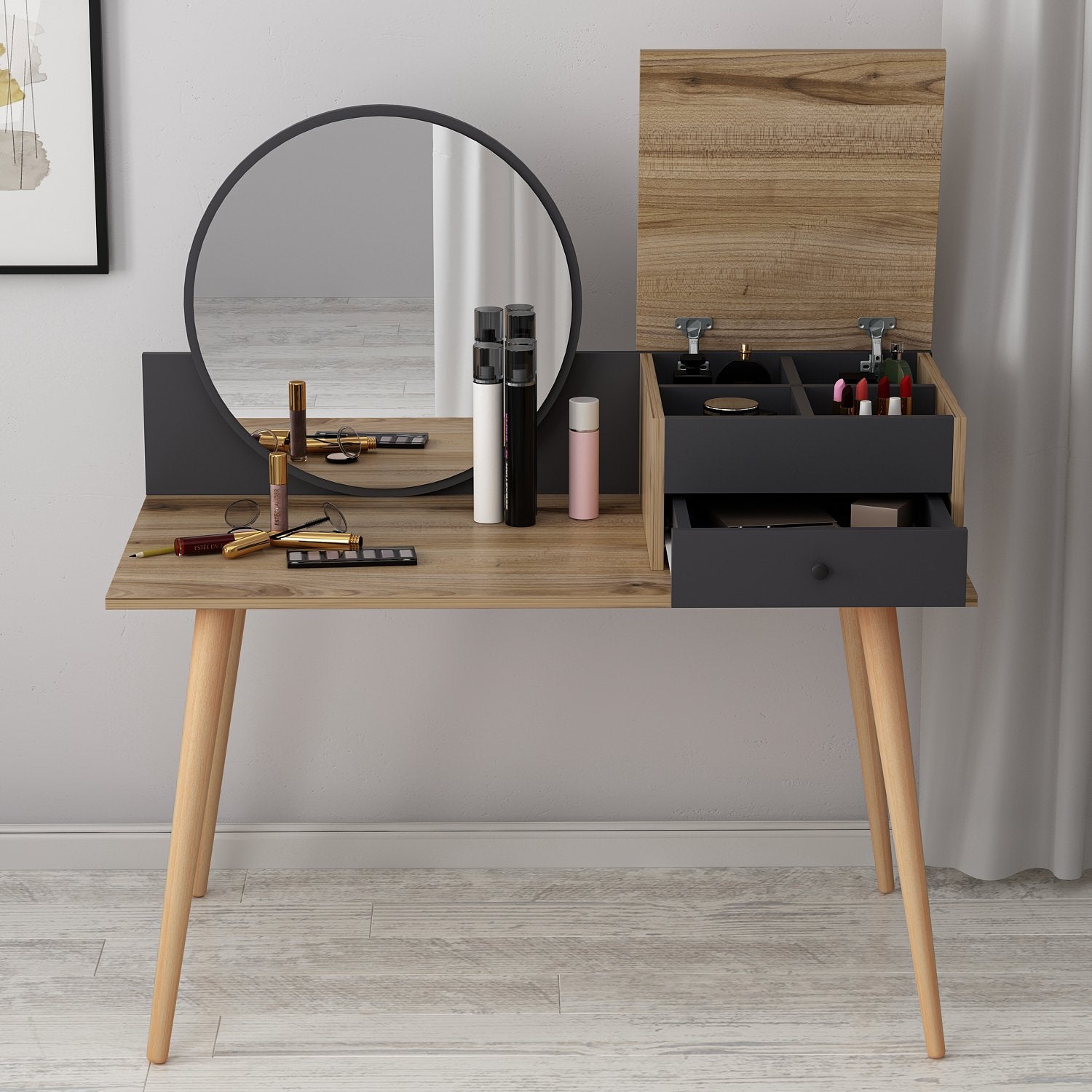 Toucador – 120 cm x 96 cm x 60 cm – Antracite e Nogueira – Painel de Partículas