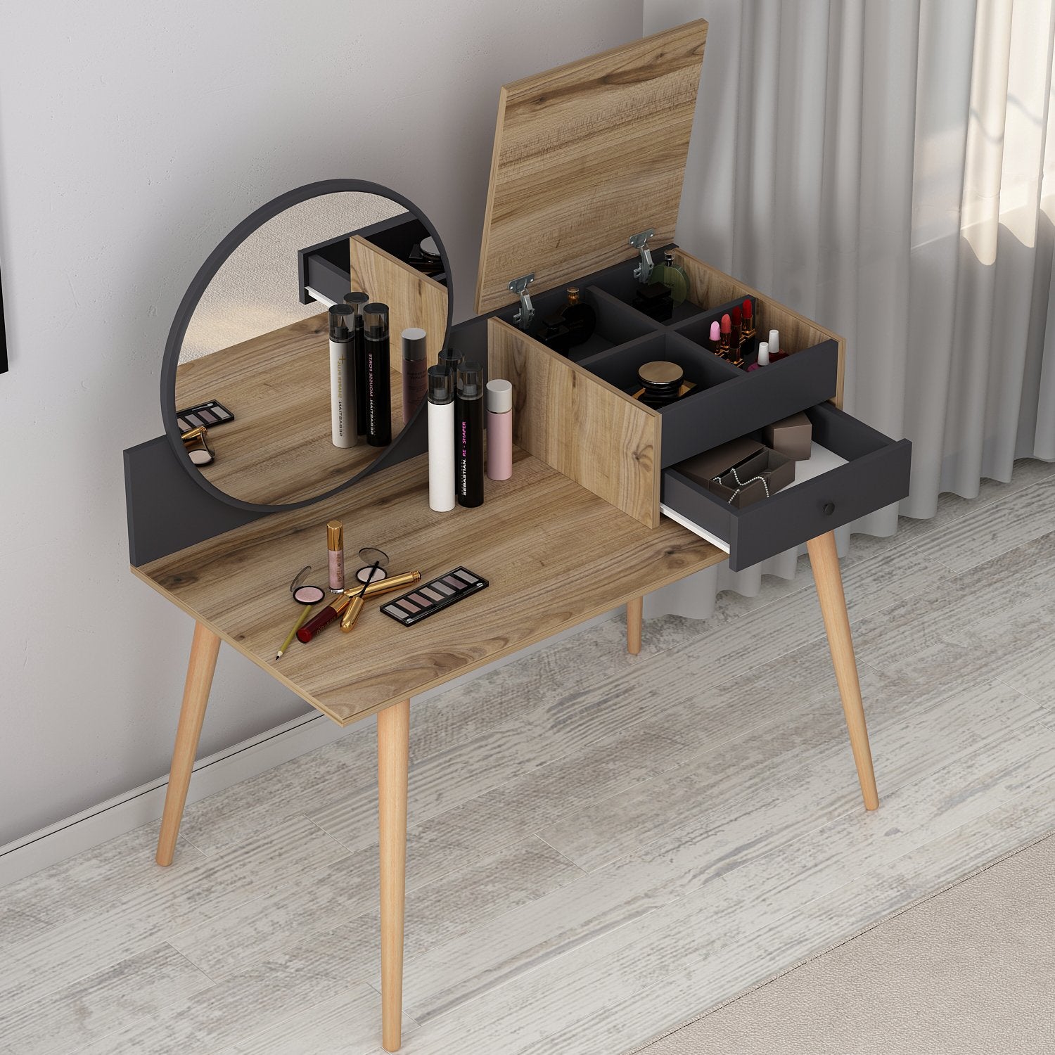 Toucador – 120 cm x 96 cm x 60 cm – Antracite e Nogueira – Painel de Partículas