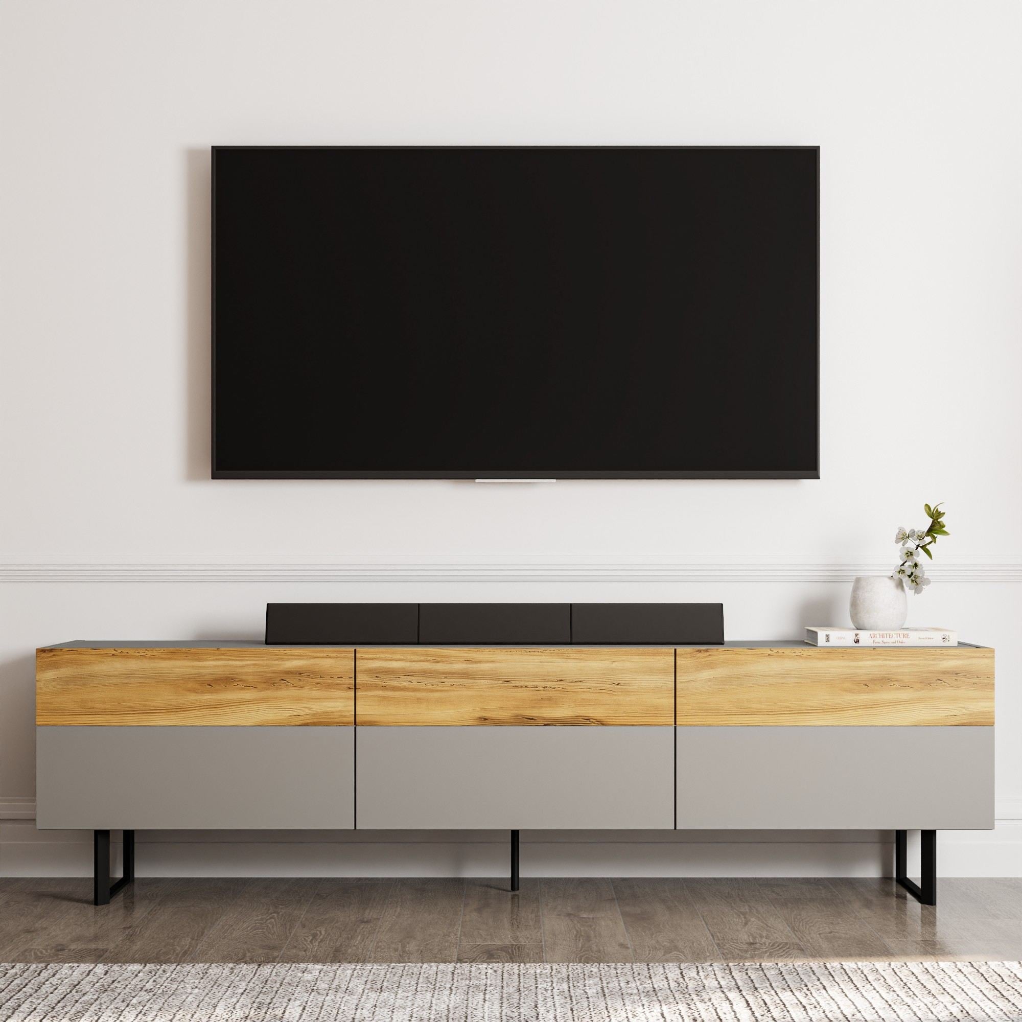 Móvel de TV – 180 cm x 49 cm x 37 cm – Cinza e Carvalho – Painéis de partículas revestidos a melamina