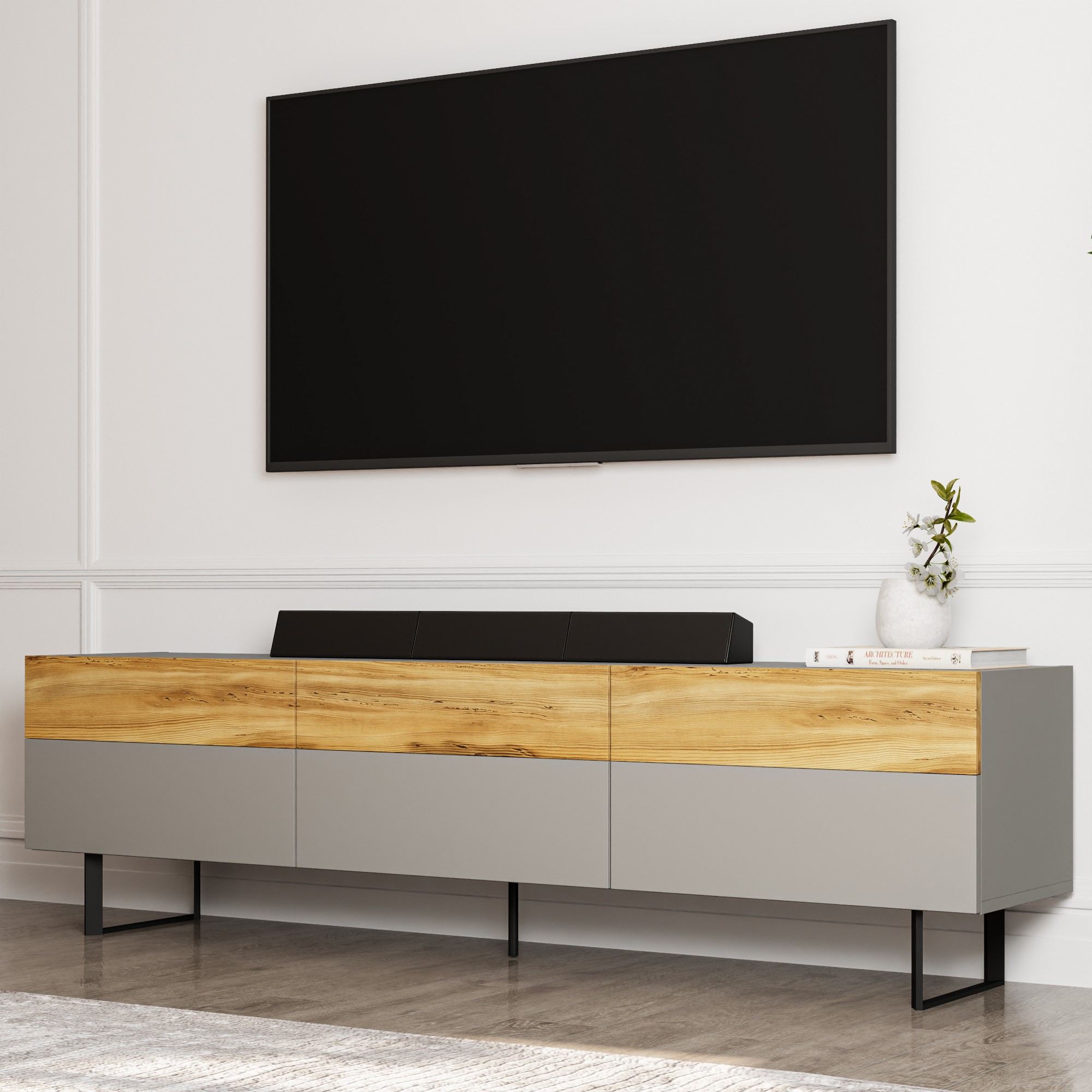 Móvel de TV – 180 cm x 49 cm x 37 cm – Cinza e Carvalho – Painéis de partículas revestidos a melamina