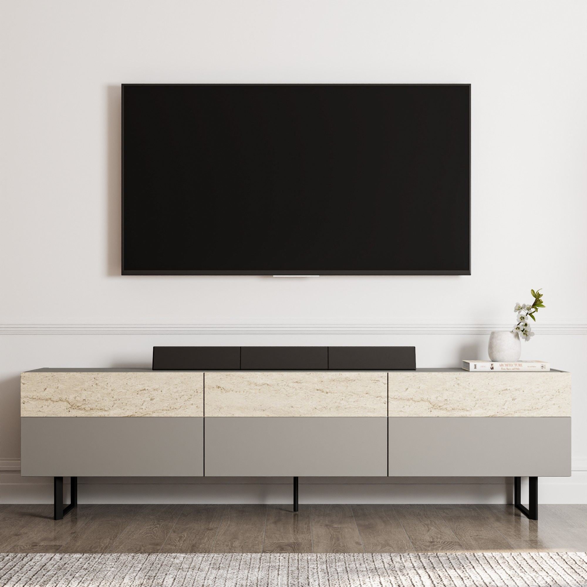 Móvel de TV – 180 cm x 49 cm x 37 cm – Cinzento e Travertino – Painéis de partículas revestidos a melamina