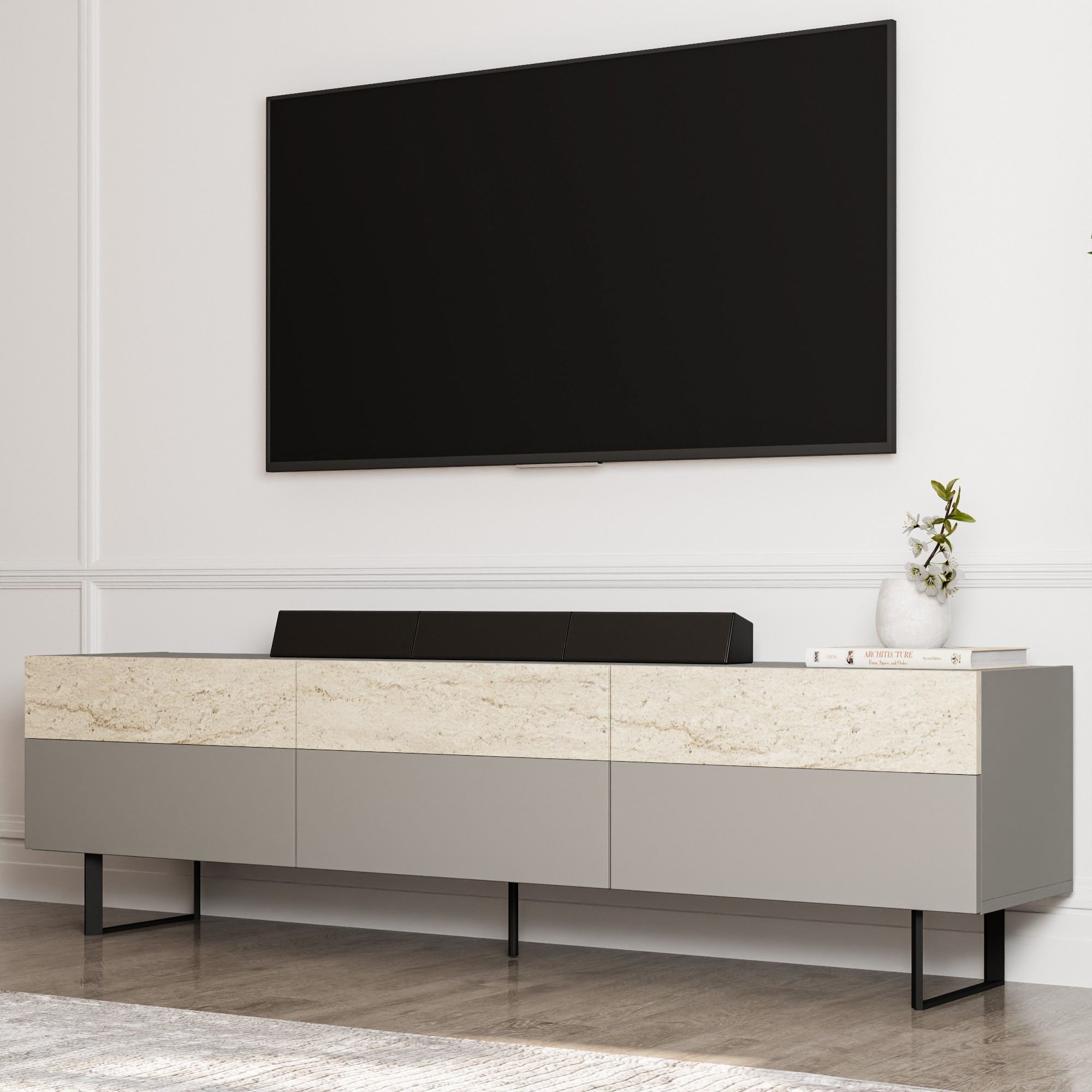 Móvel de TV – 180 cm x 49 cm x 37 cm – Cinzento e Travertino – Painéis de partículas revestidos a melamina
