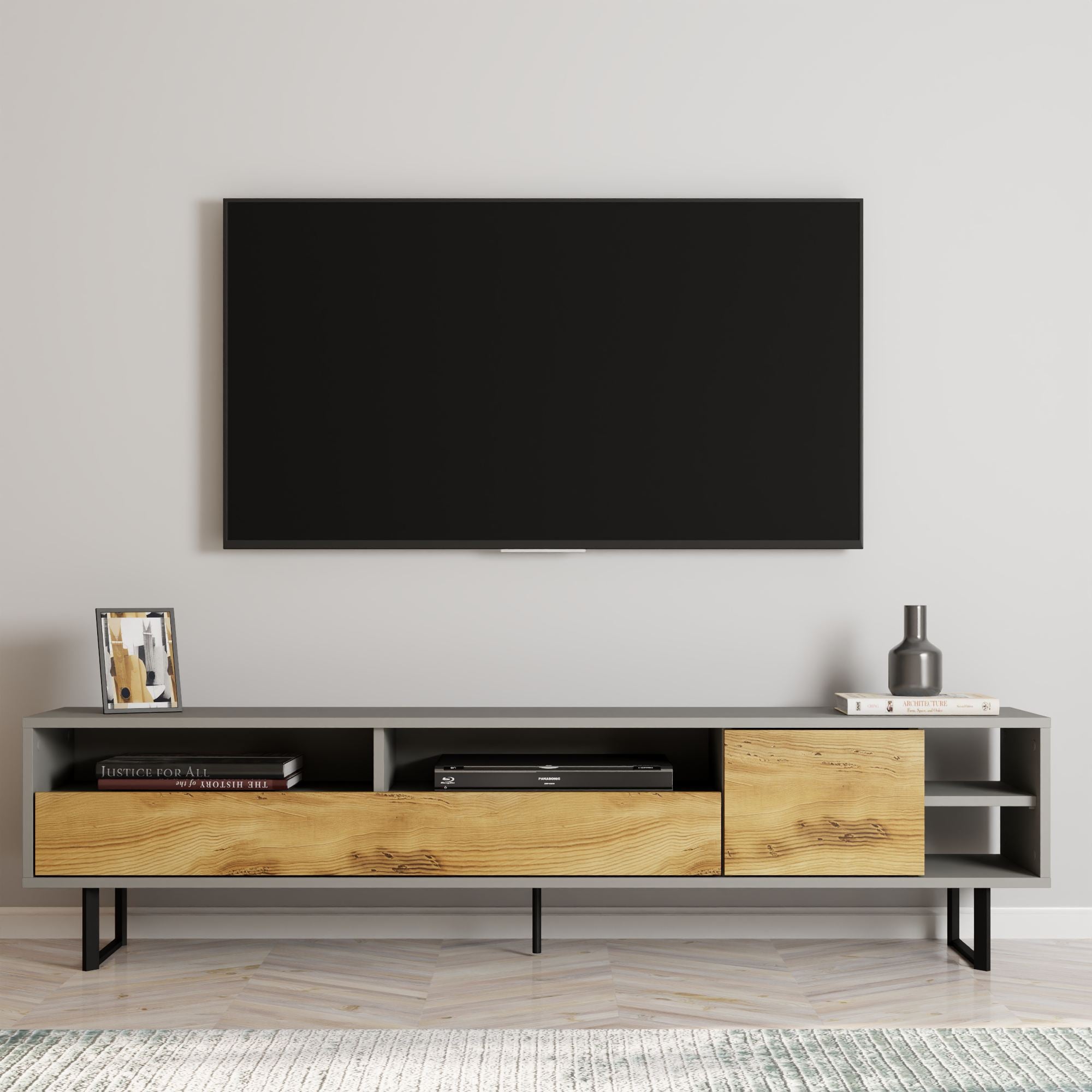 Móvel de TV – 180 cm x 44,7 cm x 29,8 cm – Cinza e Carvalho – Painel de Partículas Revestido a Melamina