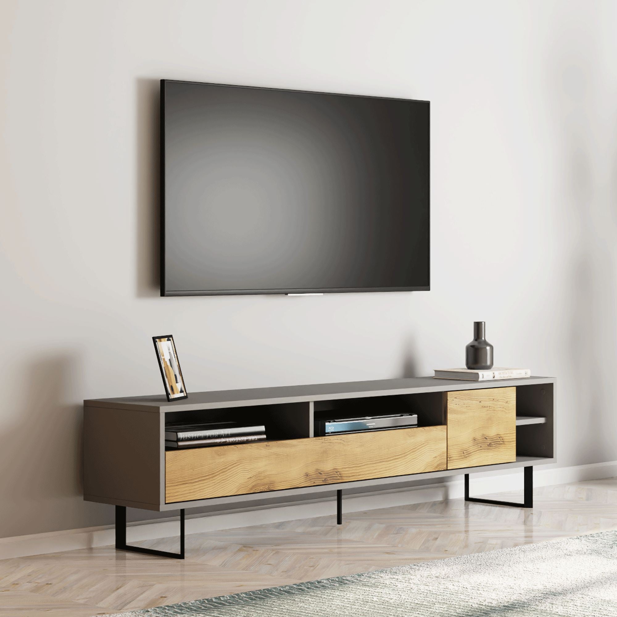Móvel de TV – 180 cm x 44,7 cm x 29,8 cm – Cinza e Carvalho – Painel de Partículas Revestido a Melamina