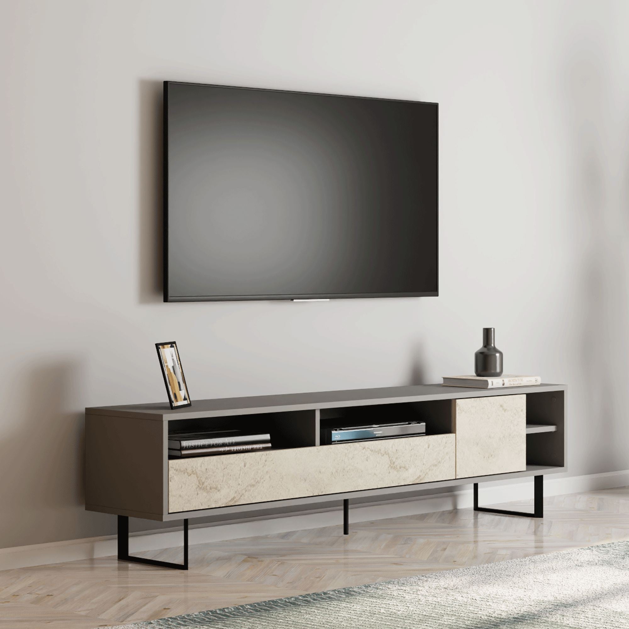 Móvel de TV – 180 cm – Cinzento e Travertino – Painéis de partículas