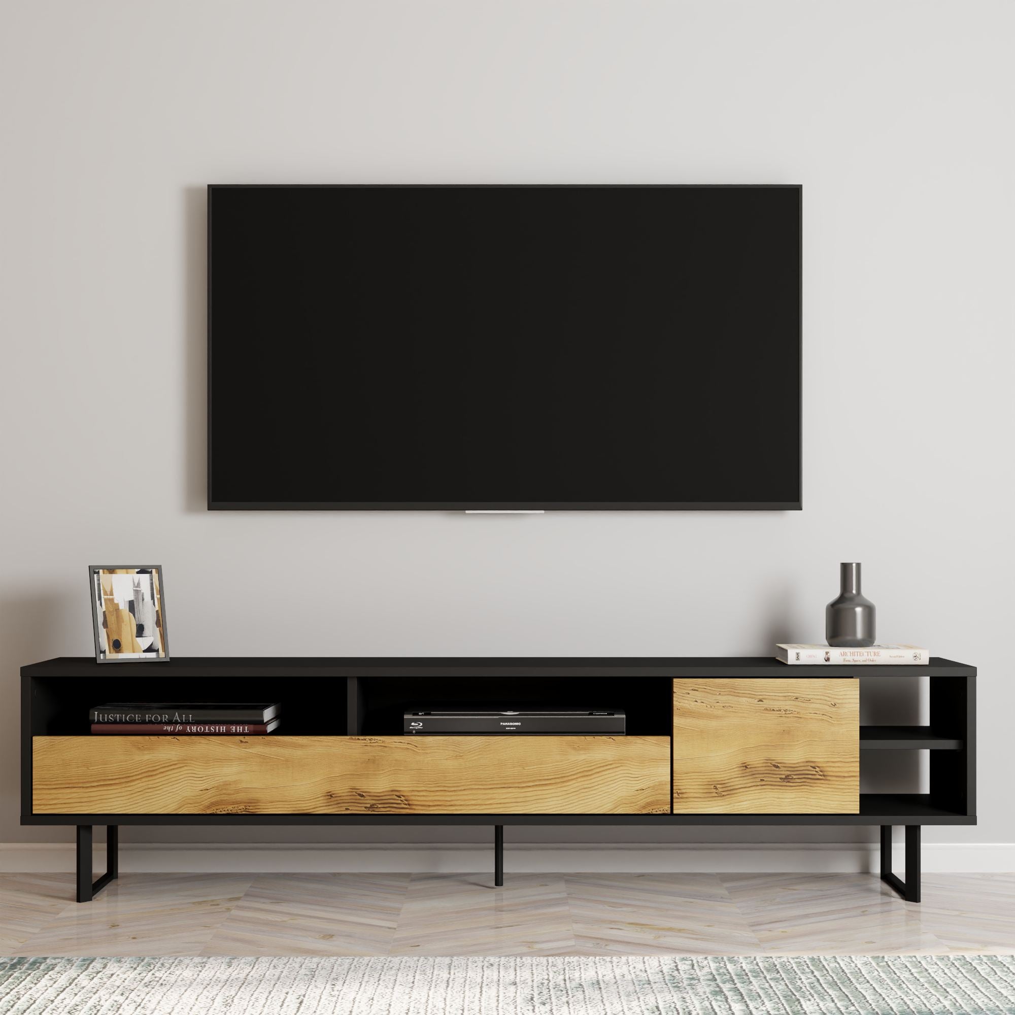 Móvel de TV – 180 cm – Preto e Carvalho – Melamina