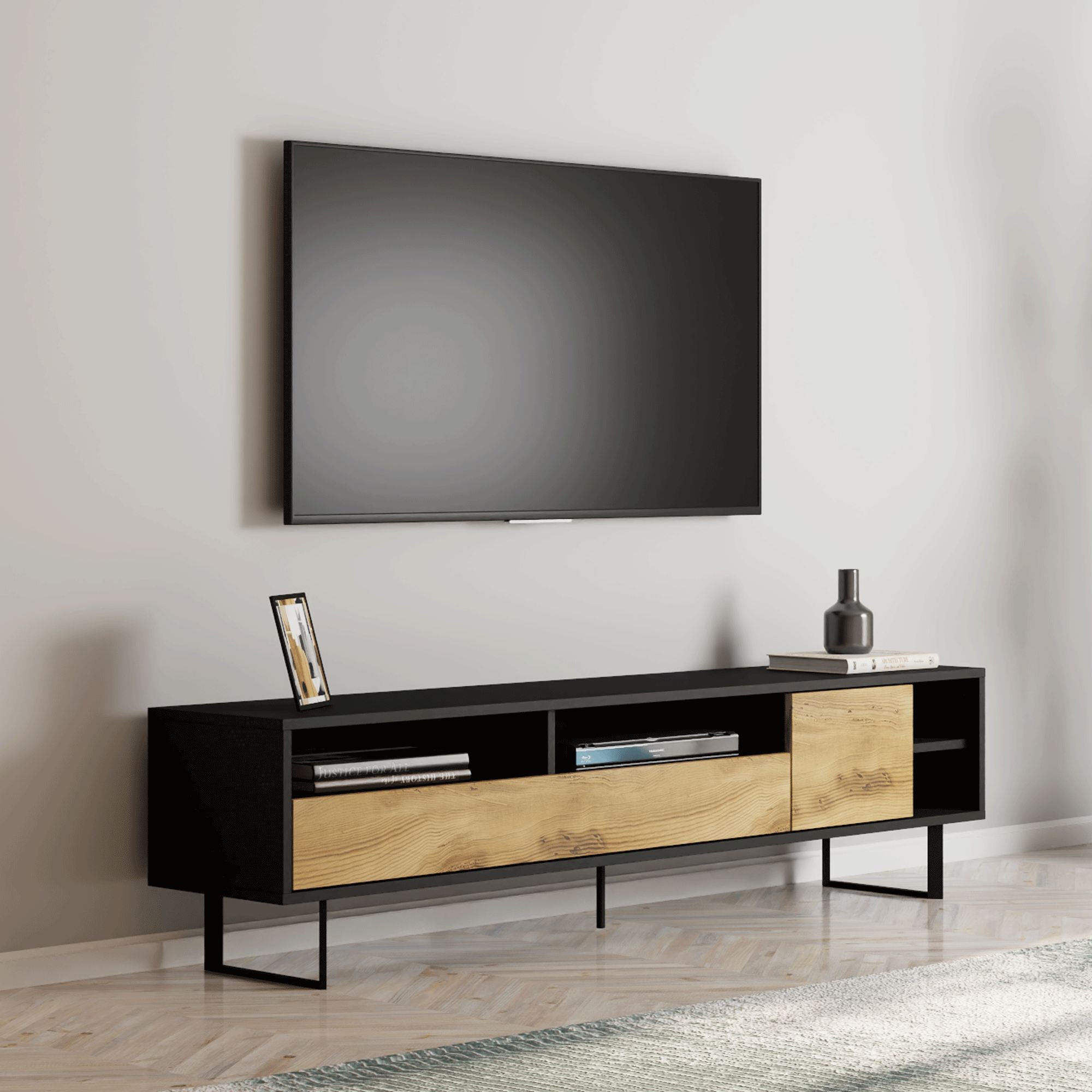 Móvel de TV – 180 cm – Preto e Carvalho – Melamina