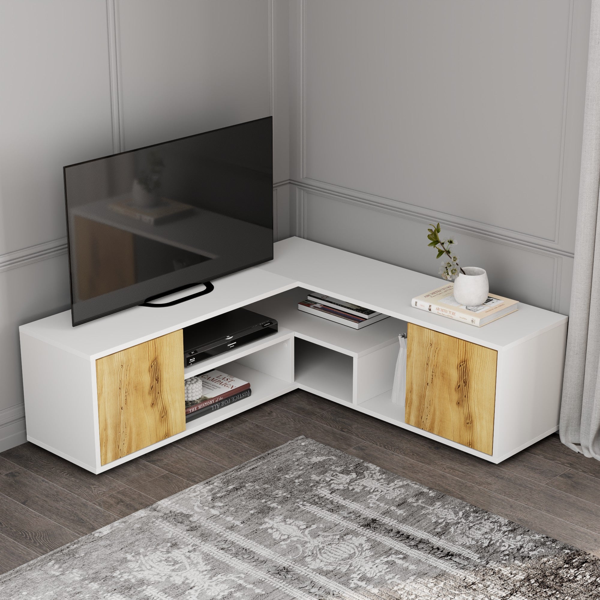 Móvel de TV – 120cm/125cm x 40cm x 35cm – Branco e Carvalho – MDF