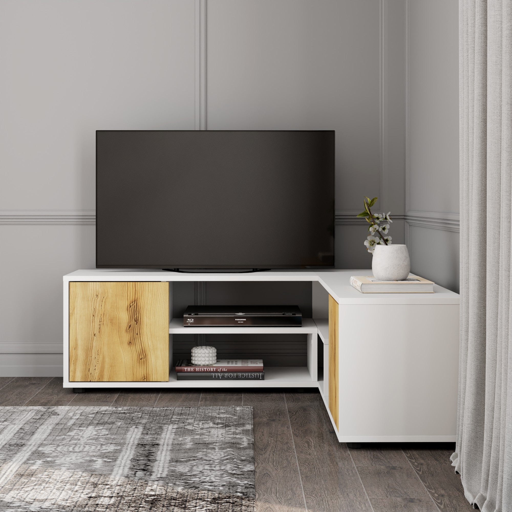 Móvel de TV – 120cm/125cm x 40cm x 35cm – Branco e Carvalho – MDF