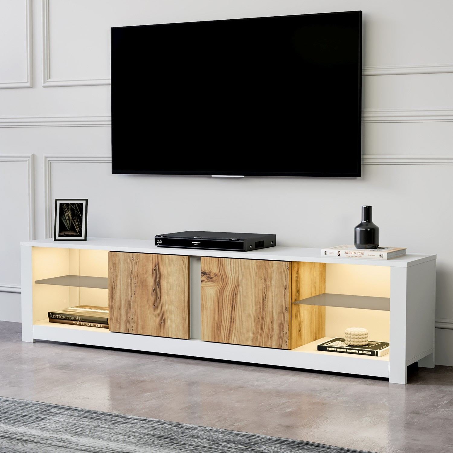 Móvel de TV – 180cm x 45cm x 35cm – Branco e Carvalho – Painel de Partículas