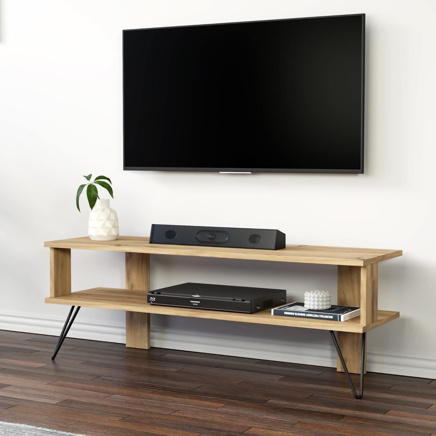 Móvel de TV – 120 cm x 42 cm x 35 cm – Carvalho – Painel de partículas revestido a melamina