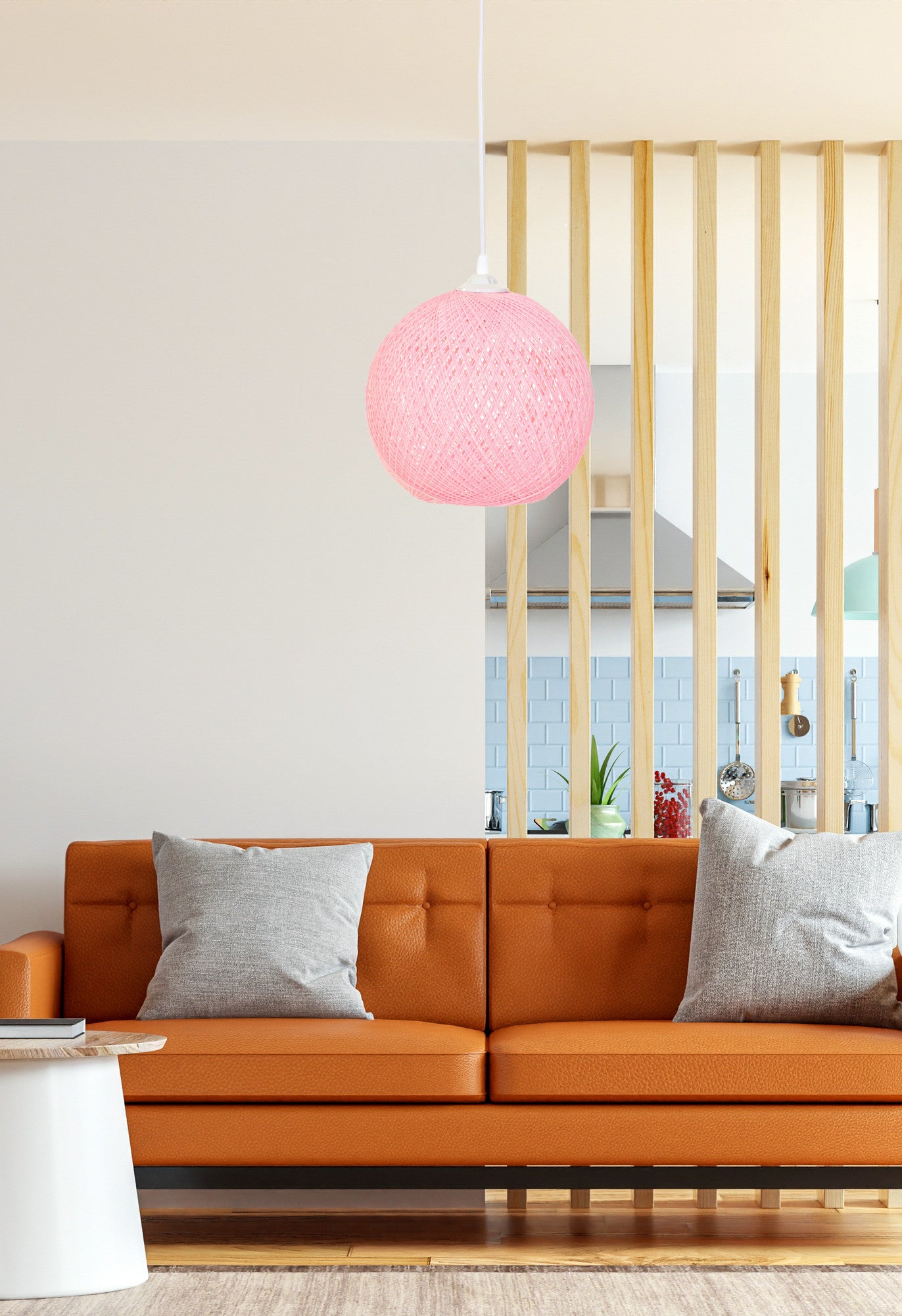 Candeeiro de Teto de juta – 22 cm x 24 cm – rosa e branco