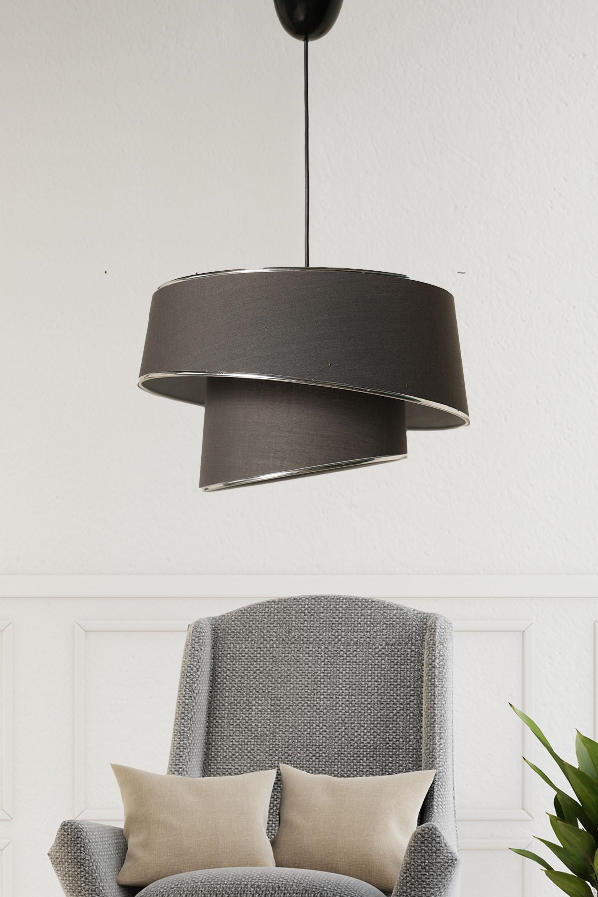 Candeeiro de Teto - 70 cm - Prata e Antracite - Metal e Tecido