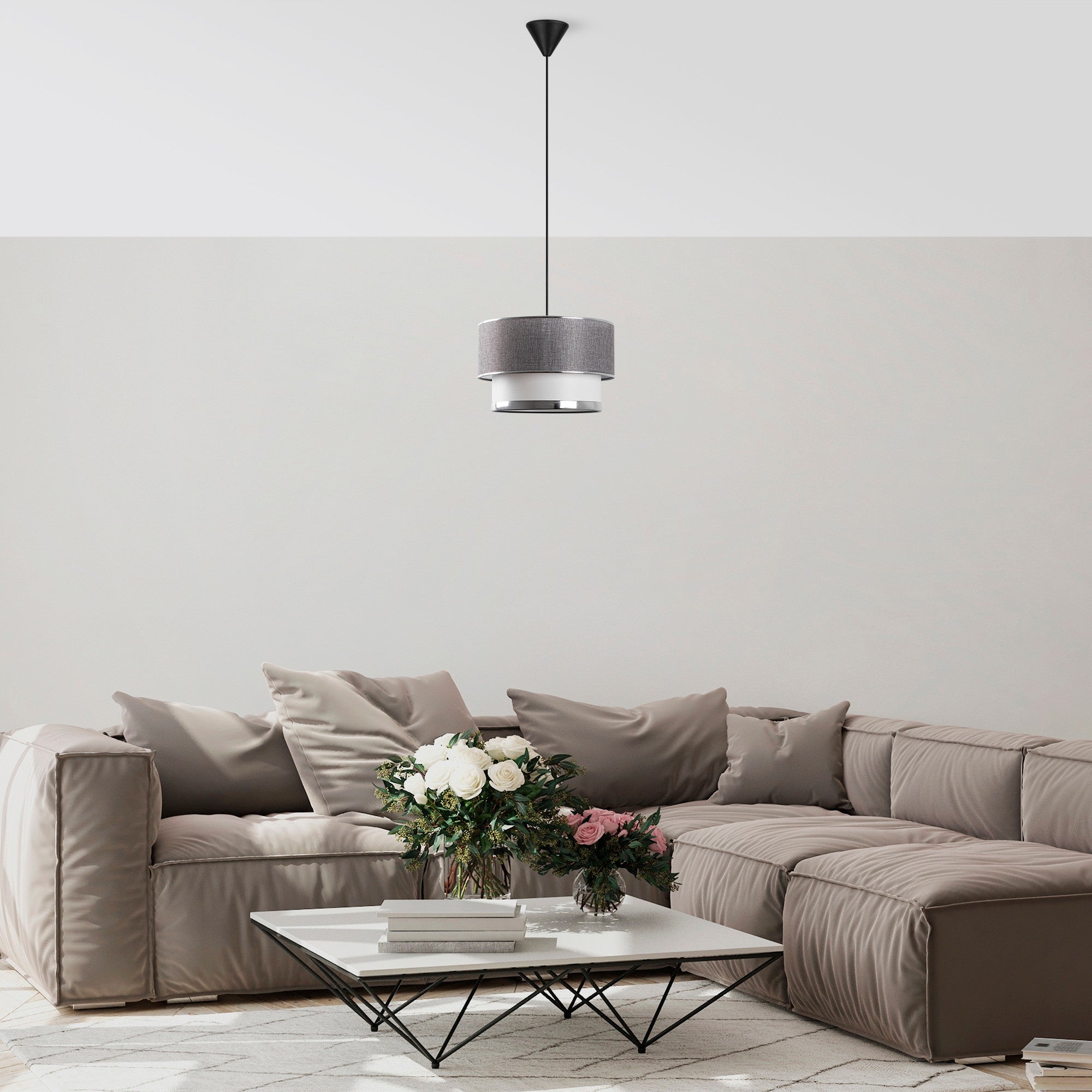 Candeeiro de Teto – 65 cm – Cinza e Prata – Metal e Algodão