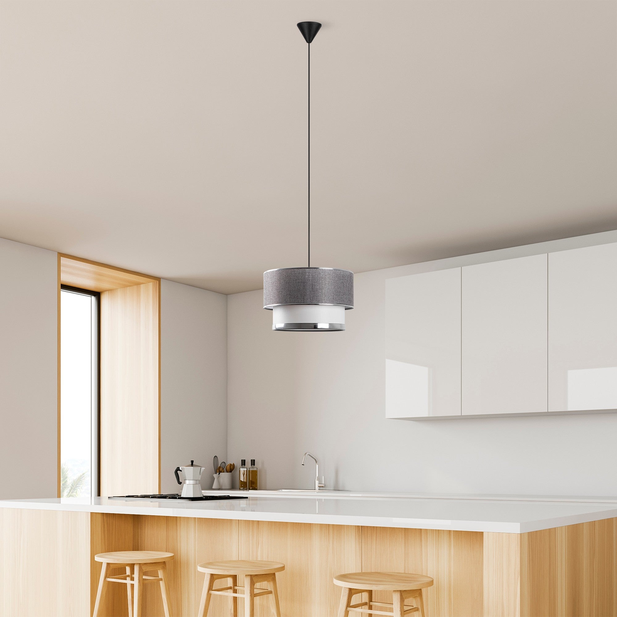 Candeeiro de Teto – 65 cm – Cinza e Prata – Metal e Algodão