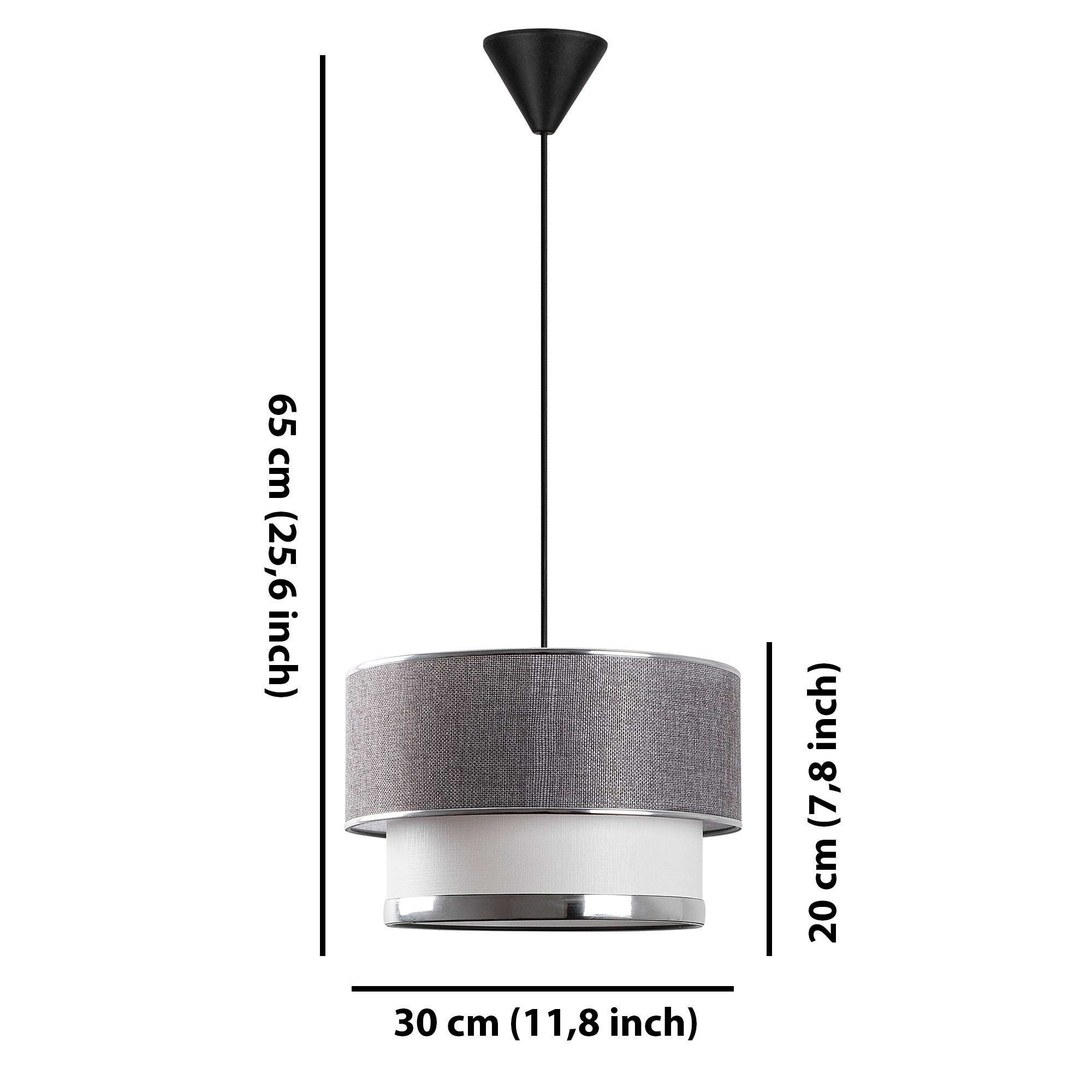 Candeeiro de Teto – 65 cm – Cinza e Prata – Metal e Algodão