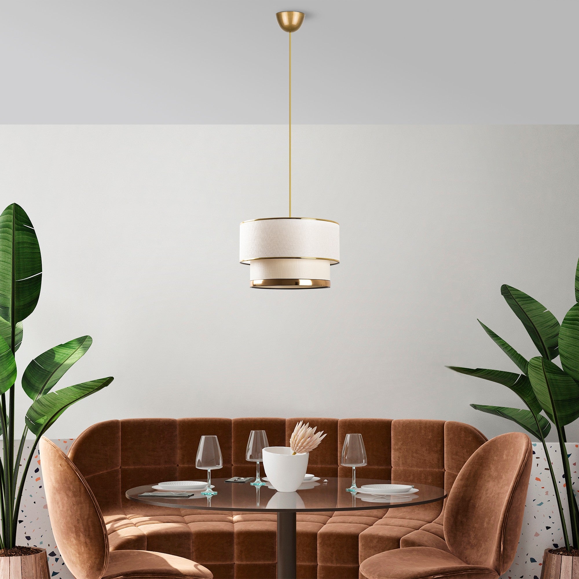 Candeeiro de Teto – 30 cm de Diâmetro – Creme e Dourado – Metal