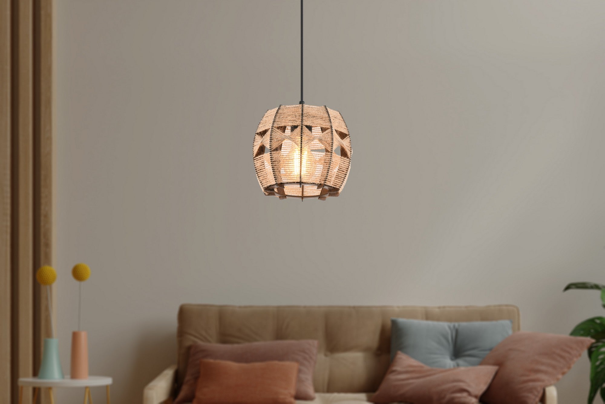 Candeeiro de Teto – 60 cm – Camelo – Madeira e Juta