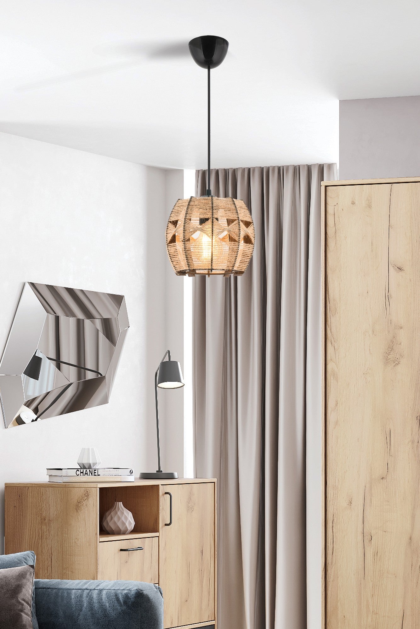 Candeeiro de Teto – 60 cm – Camelo – Madeira e Juta