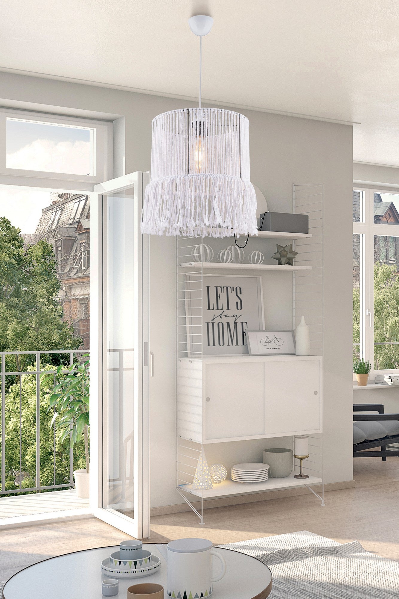Candeeiro de Teto – 70 cm – Branco – Metálico com Corda de Macramê