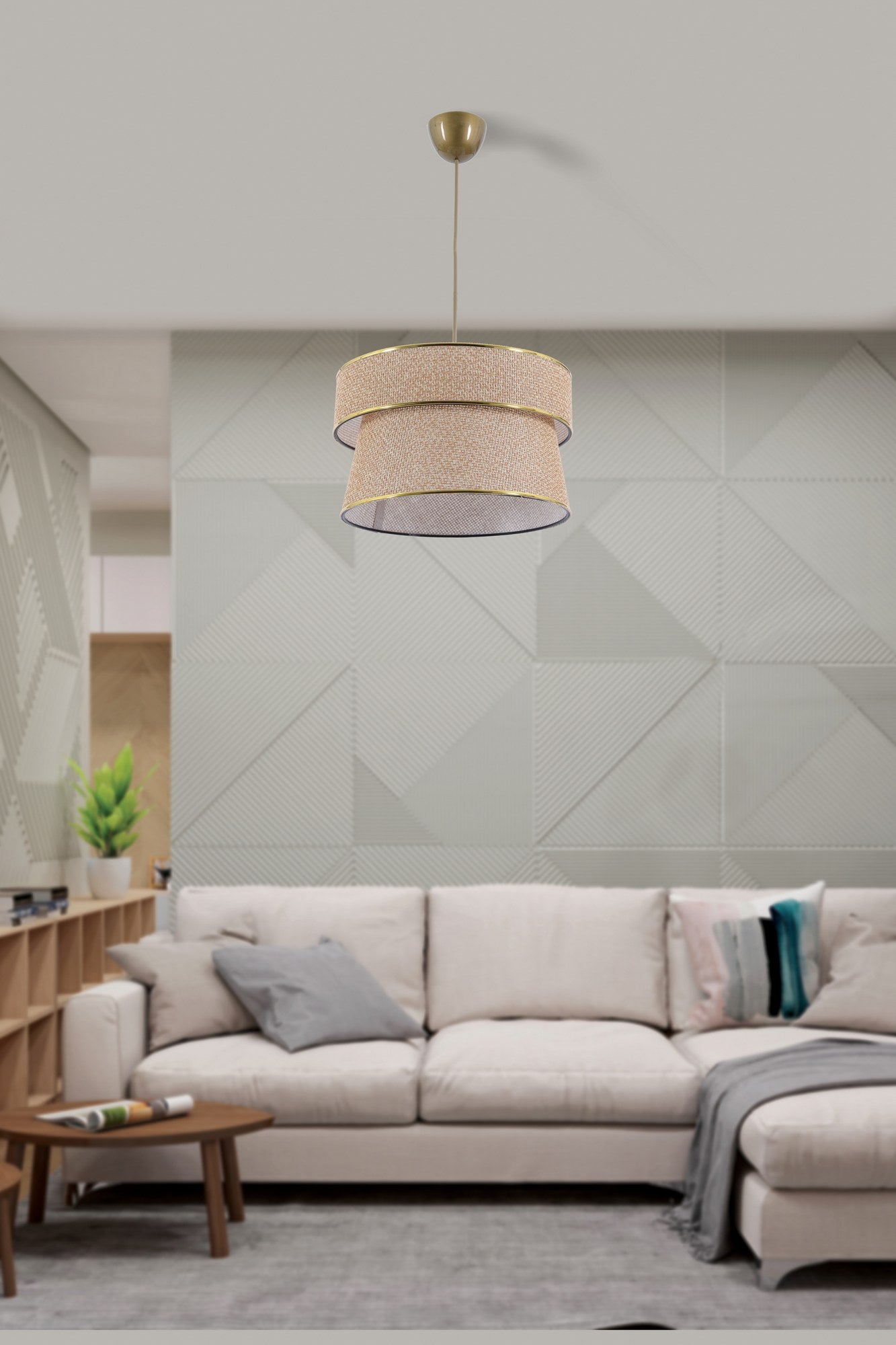 Candeeiro de Teto – 70 cm – Bege – Corpo metálico com cúpula de algodão
