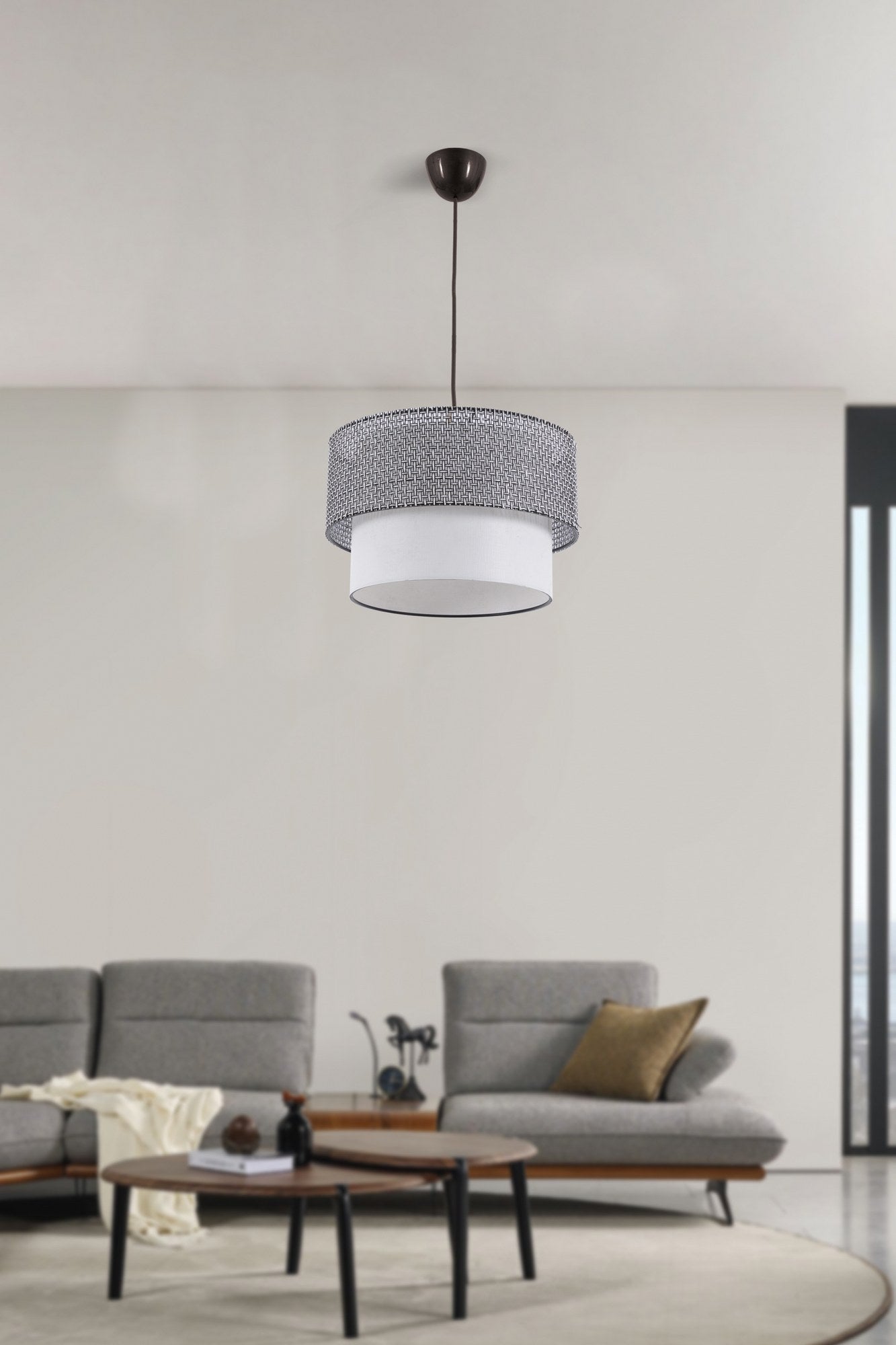 Candeeiro de Teto – 70 cm – Cinza e Branco – Metal e Algodão