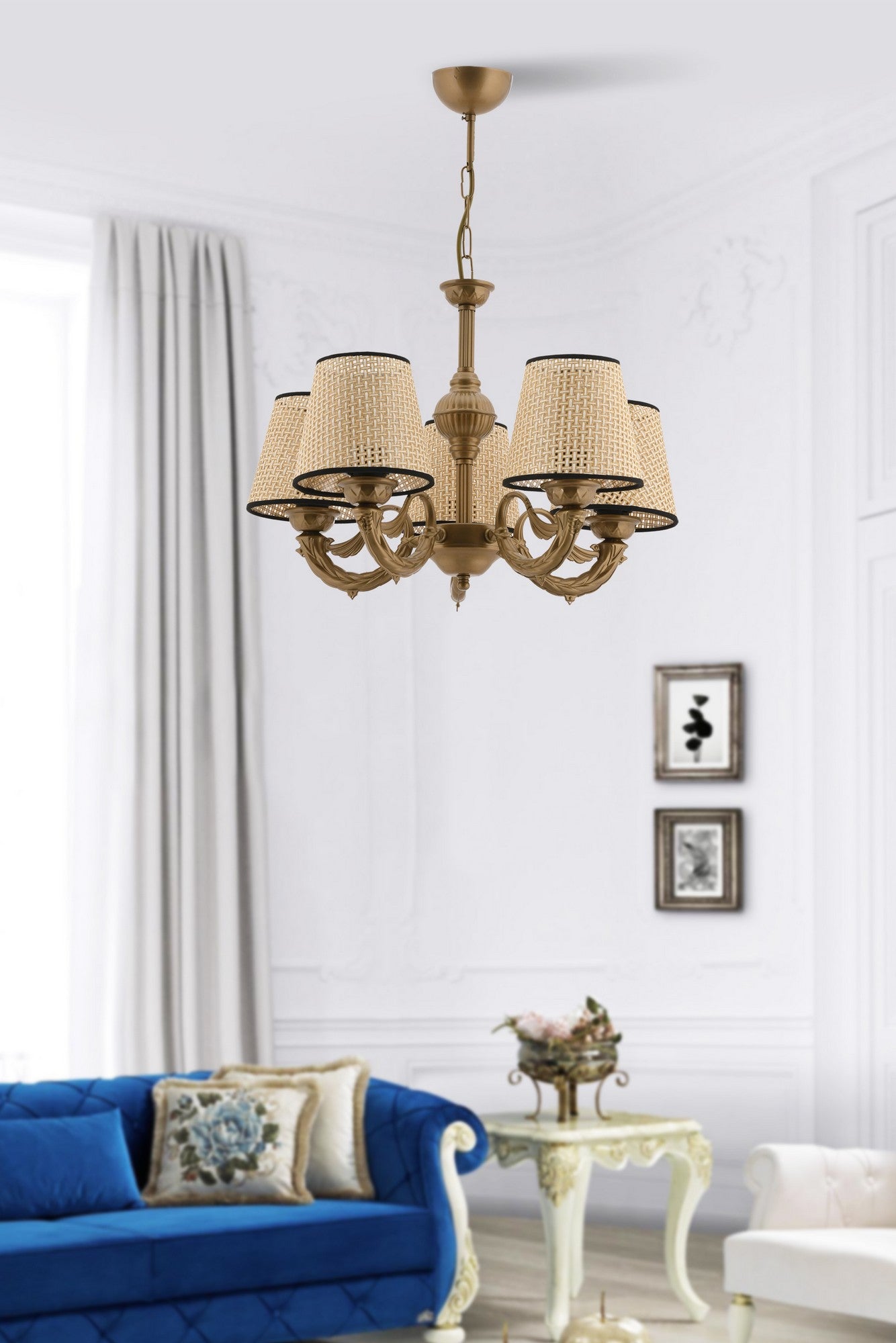 Candeeiro de Teto – 65 cm – Preto, Dourado, Creme – Metal