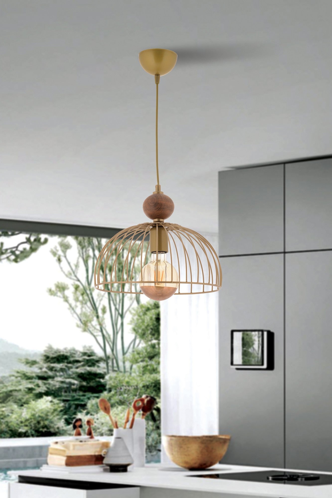 Candeeiro de Teto – 60 cm – Dourado e Natural – Metal