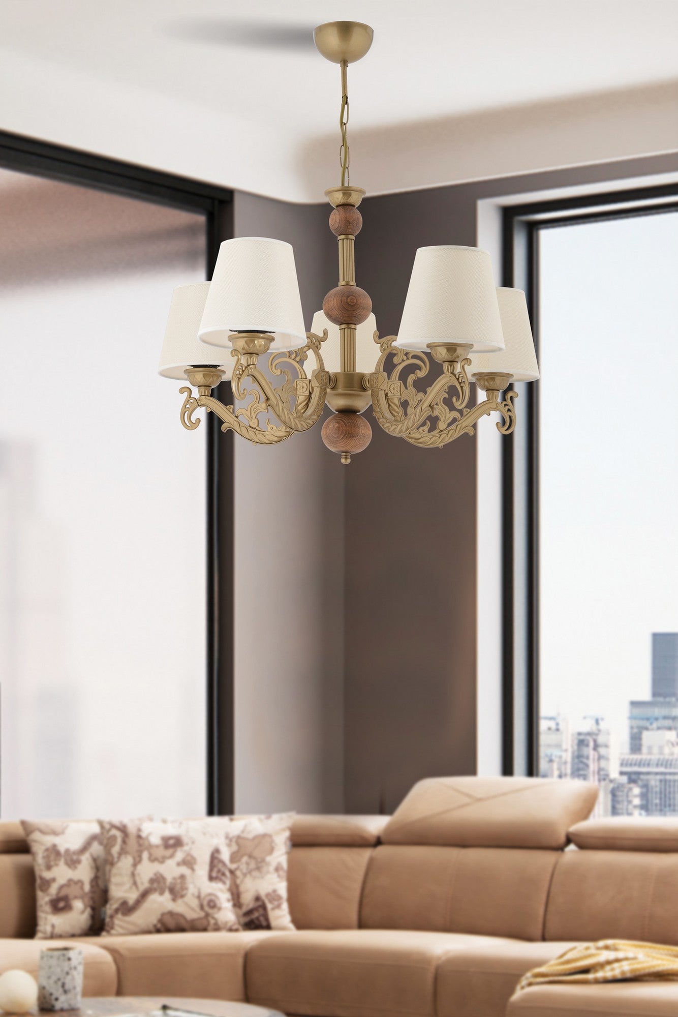 Candeeiro de Teto – 65 cm – Branco, Dourado, Marrom – Metal