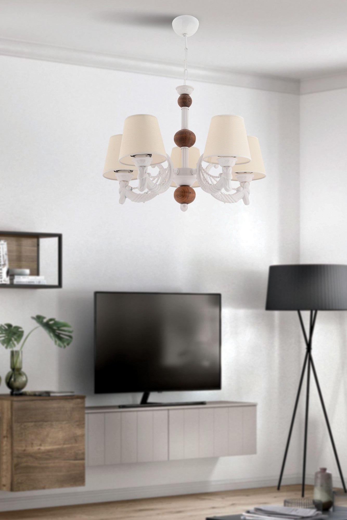 Candeeiro de Teto – 65 cm x 55 cm – Creme, Branco, Marrom – Metálico com Tampa de PVC