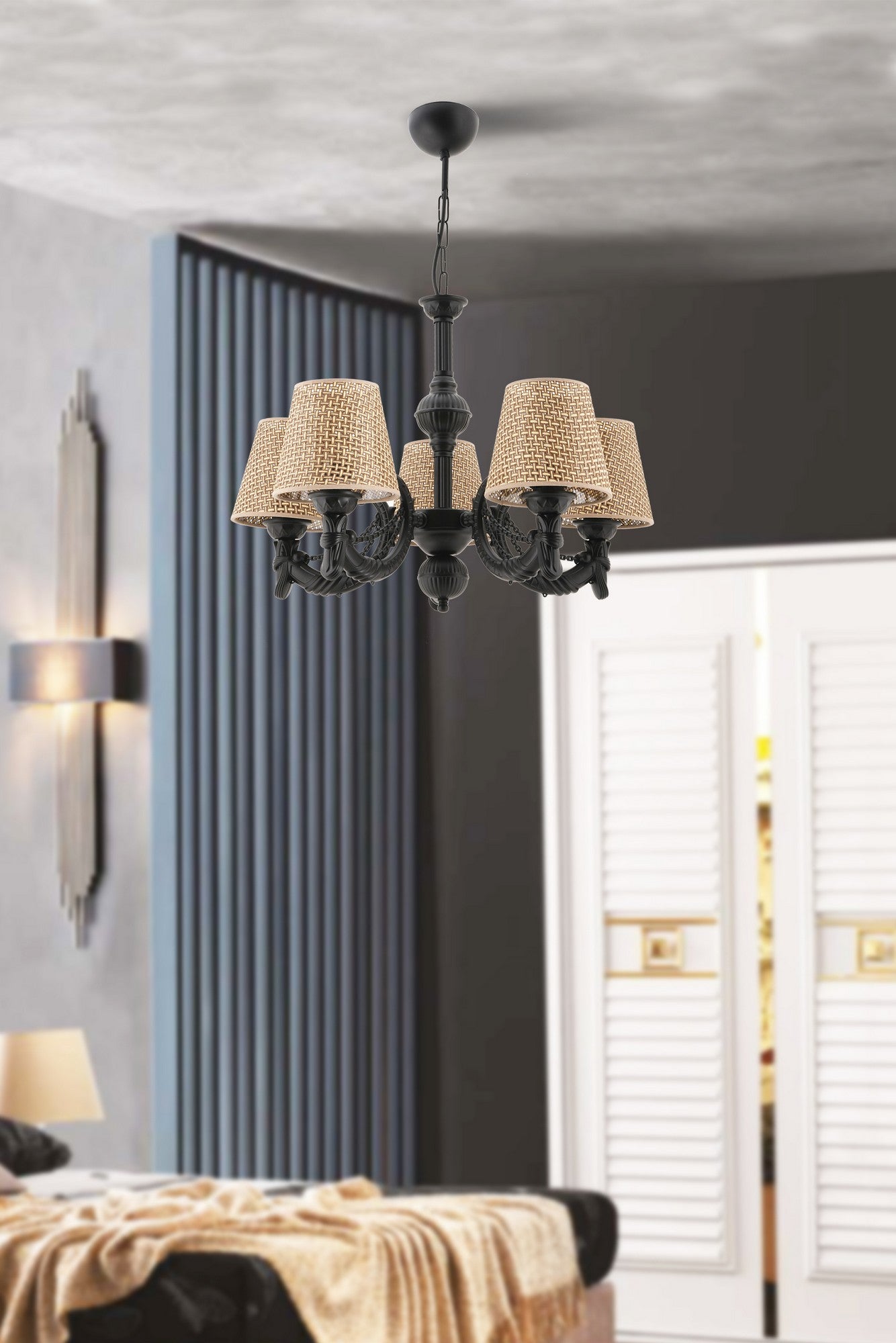 Candeeiro de Teto – 65 cm – Preto/Natural – Metal/Tecido
