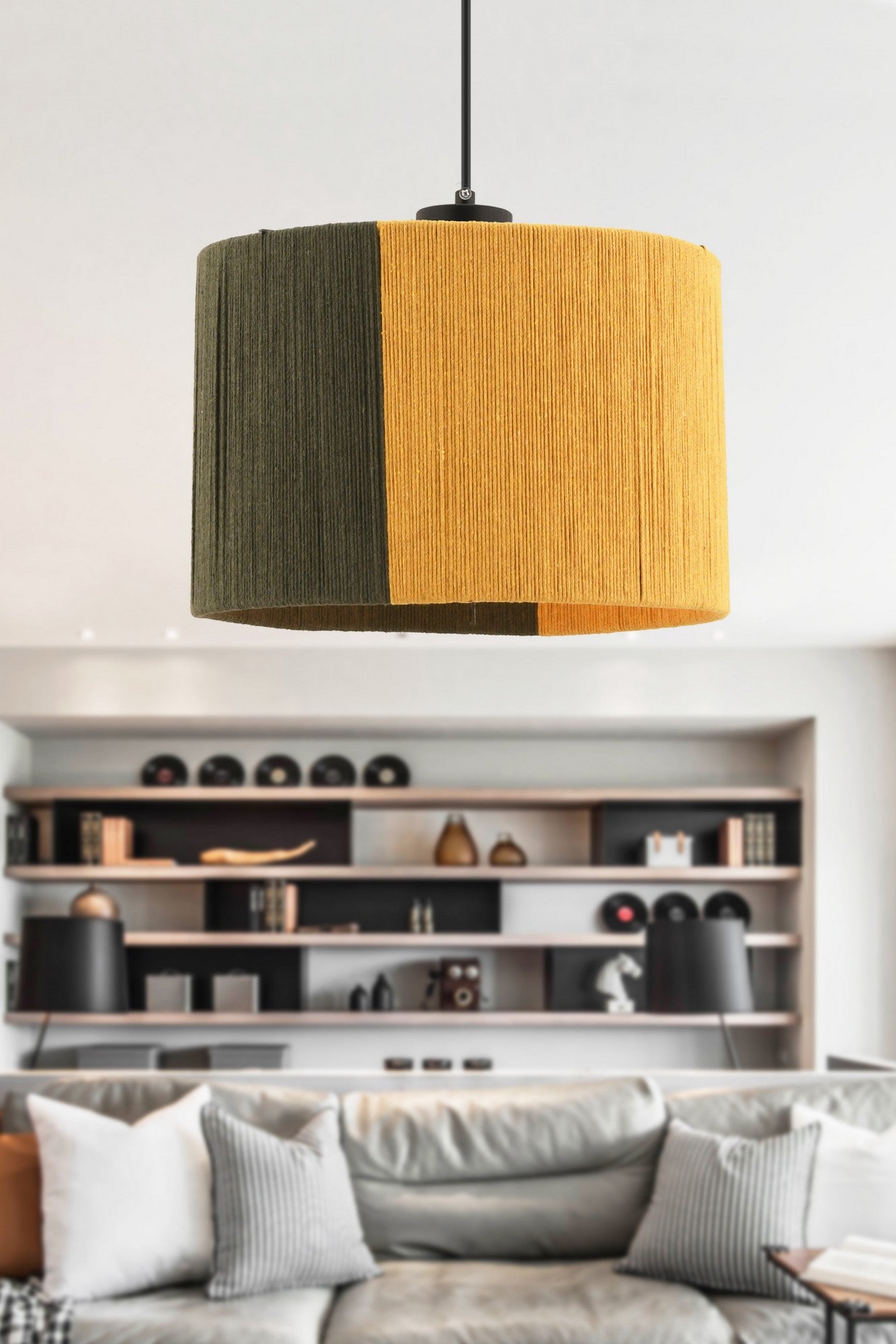 Candeeiro de Teto – 30 x 30 cm – Verde e Amarelo – Metal e Juta