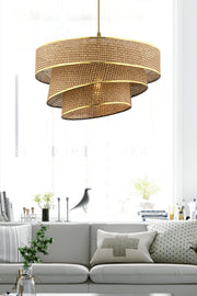 Candeeiro de Teto – 72 cm – Bege e Dourado – Metal e Algodão