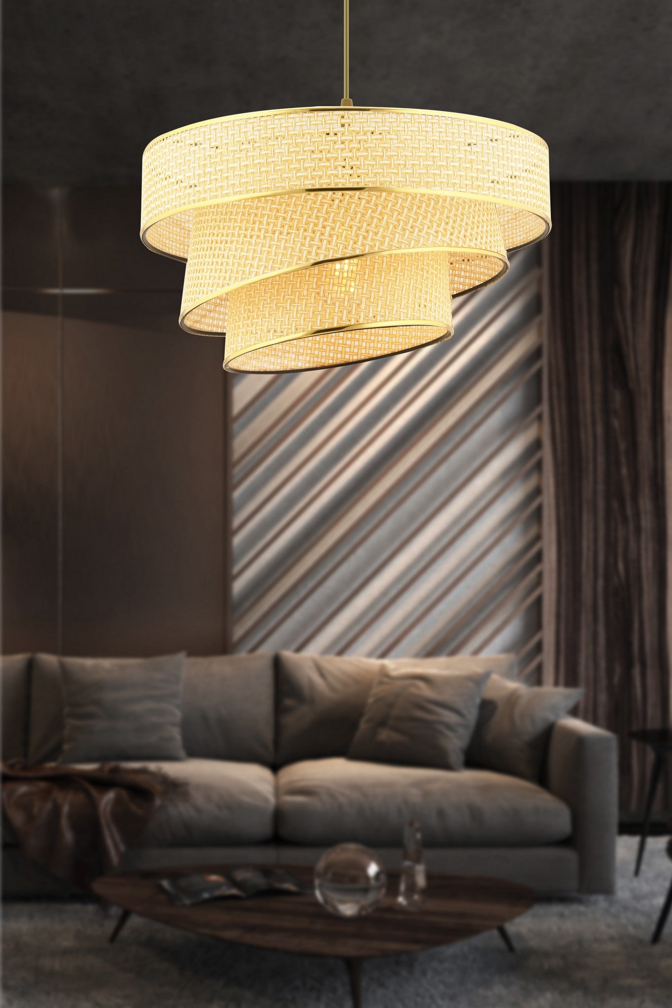 Candeeiro de Teto – 72 cm – Camelo – Metal e algodão