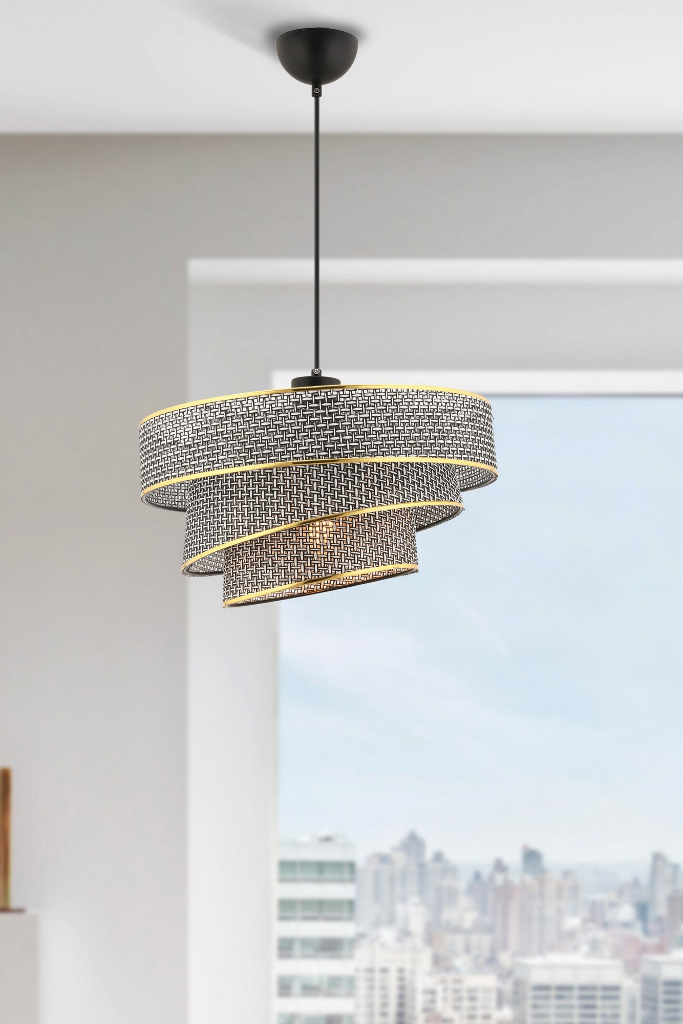 Candeeiro de Teto – 40x40 cm – Cinza e Dourado – Metal e Algodão