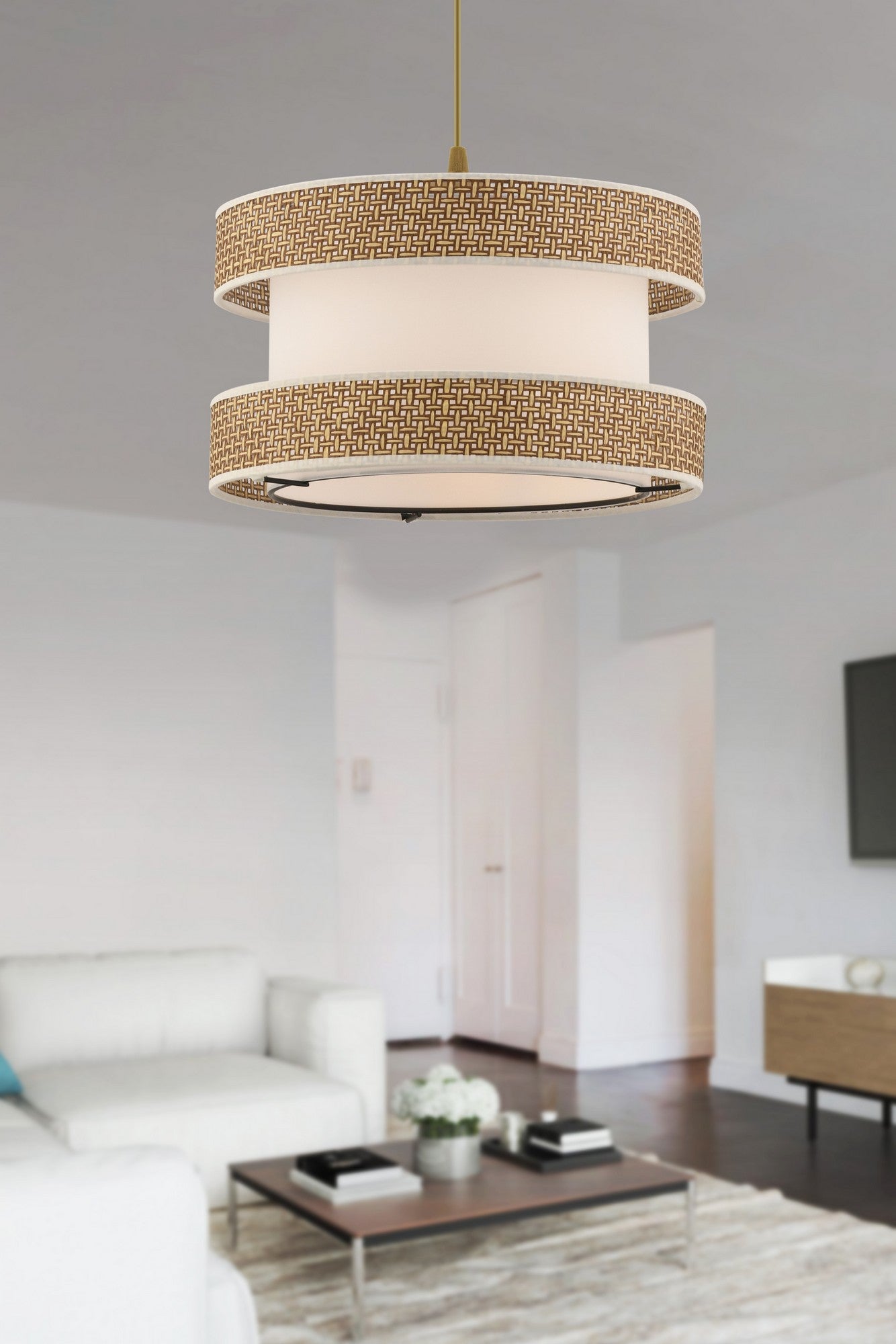 Candeeiro de Teto – 65 cm – Bege e Branco – Metal e Algodão