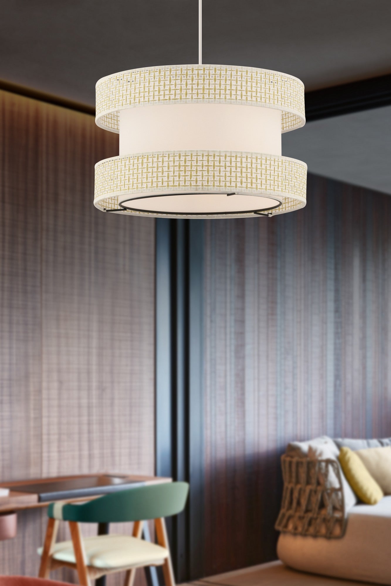 Candeeiro de Teto – 40 x 40 cm – Creme e Branco – Metal e Algodão